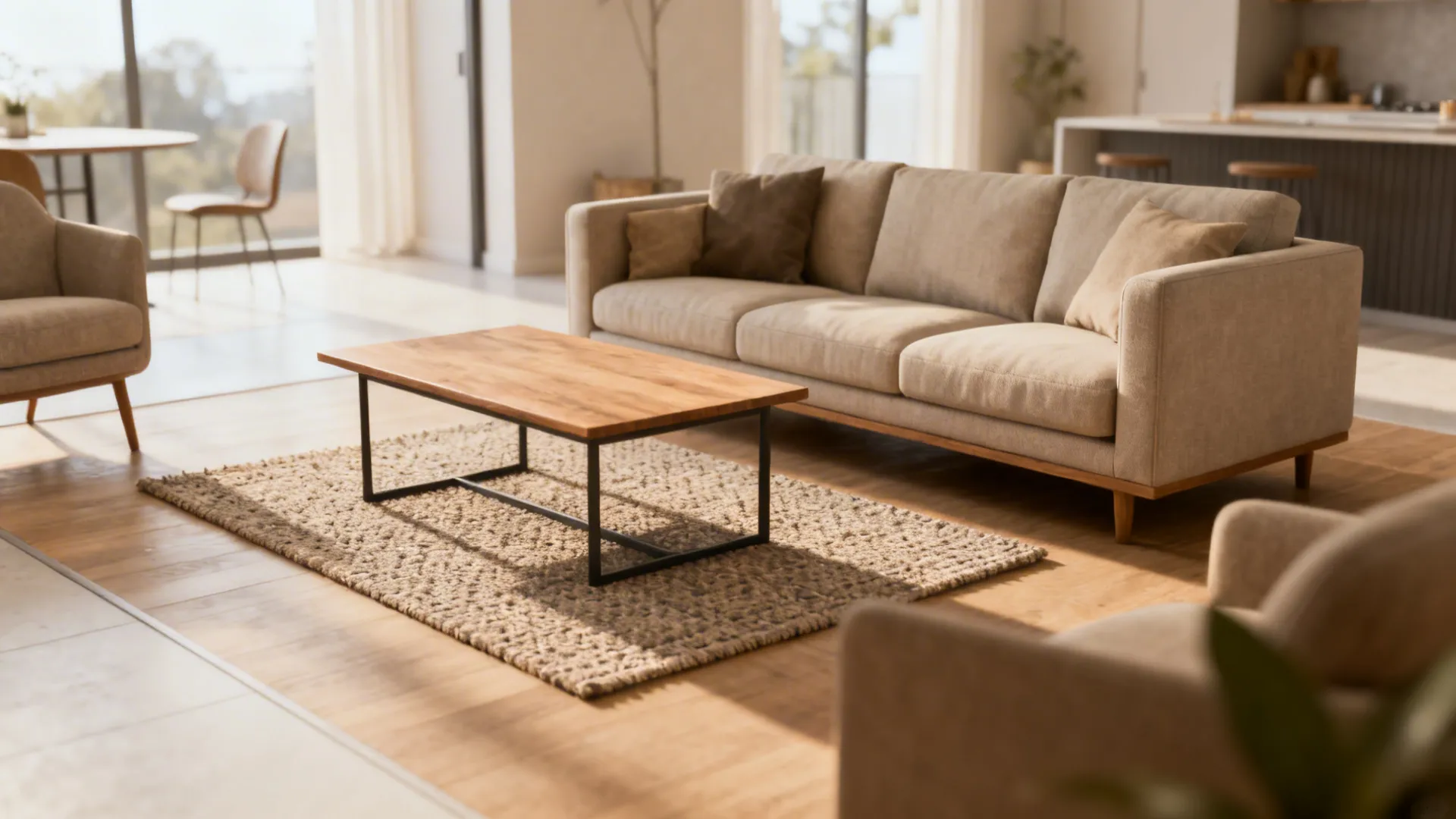 Small living room with a compact rug placed only under the coffee table defining the center