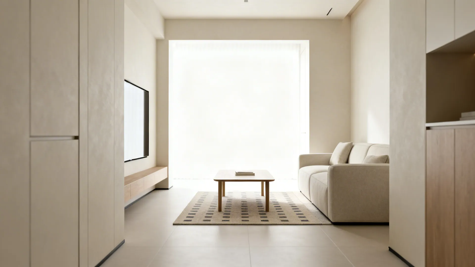 Small rug positioned only under a coffee table in a compact minimalist living space