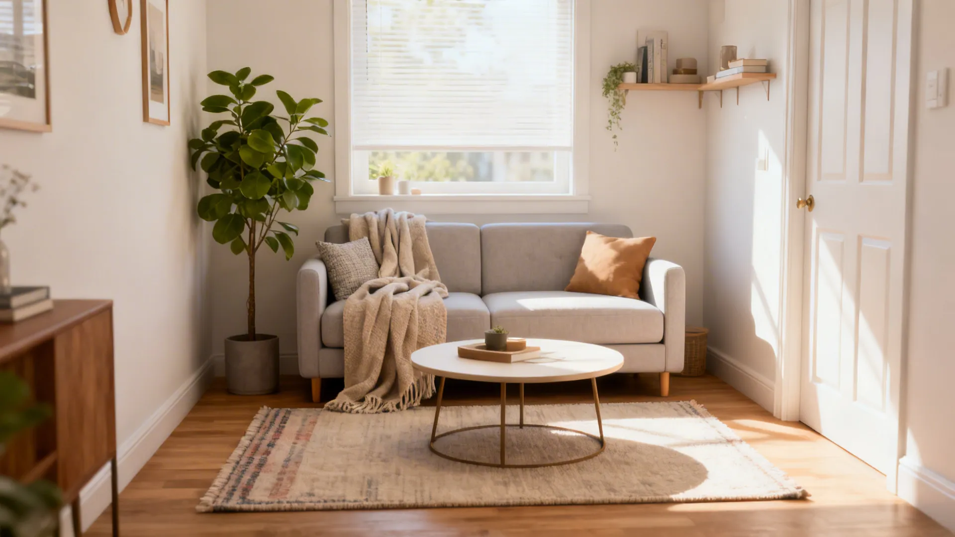 Small grey sofa with blanket and round coffee table in bright living room with plant