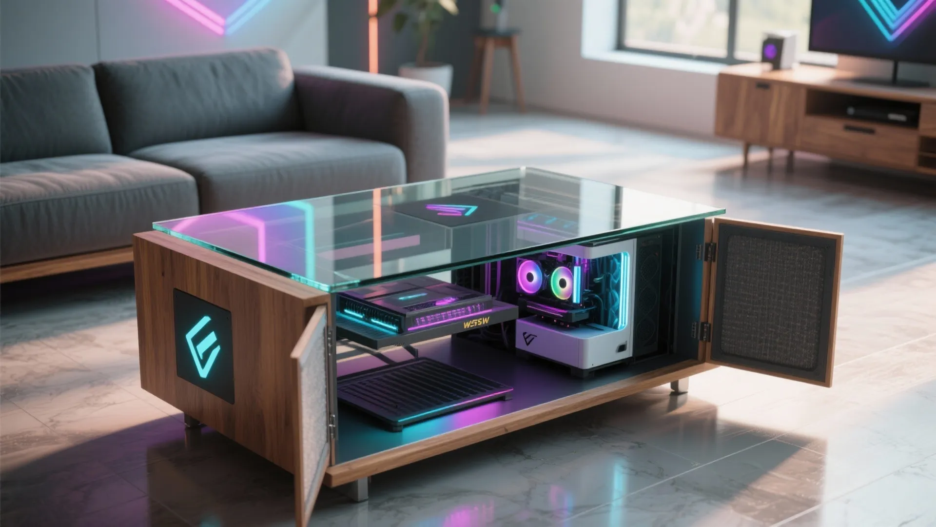 Modern wooden coffee table with glass top showing an integrated gaming computer system and lights