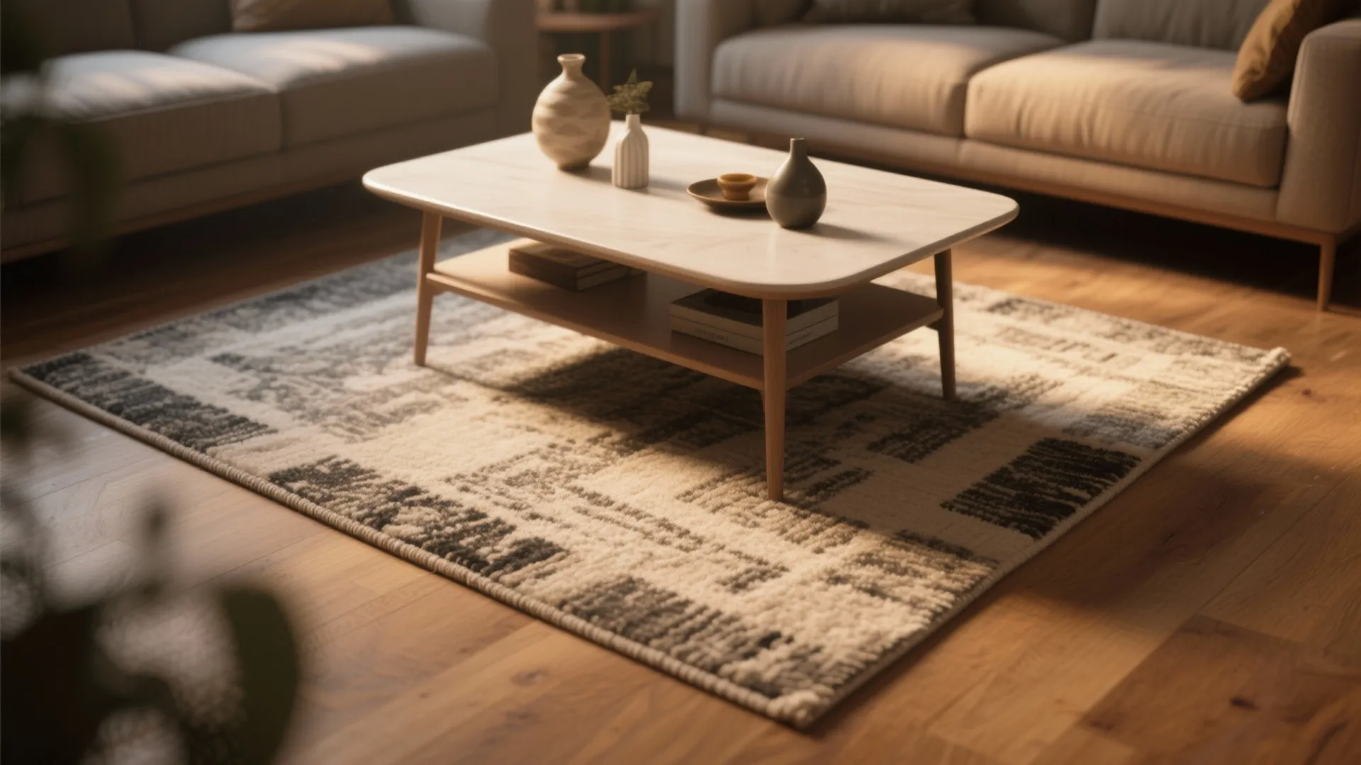 Modern wood coffee table with ceramic vases sitting on a patterned rug in a living room