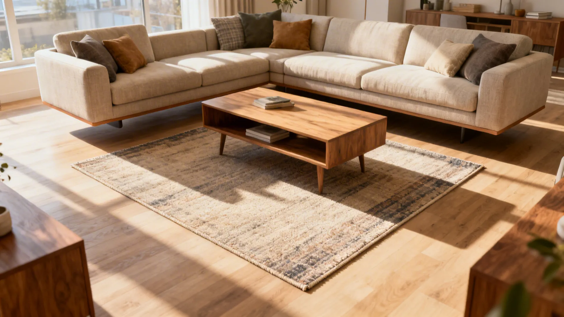 Small decorative rug centered under a coffee table with a sectional floating around it, showing a compact layout.