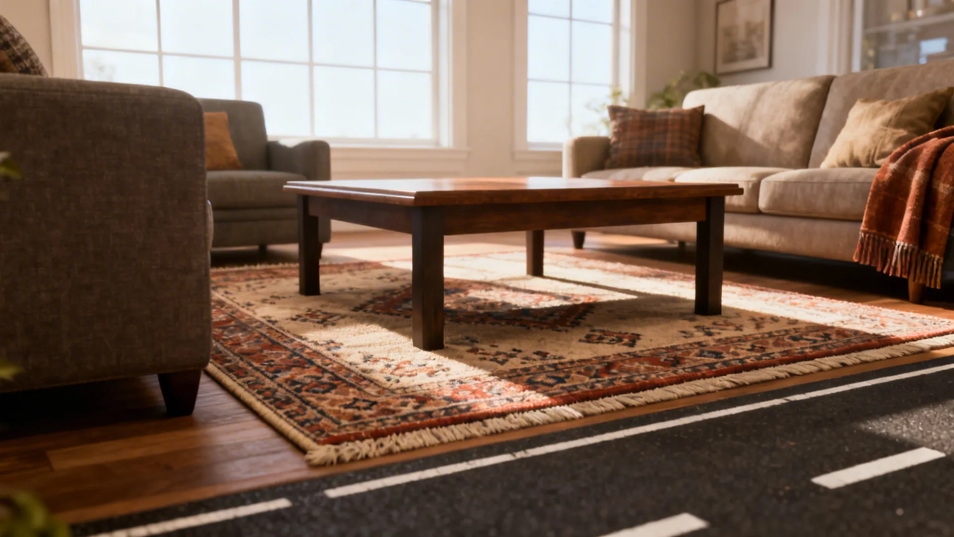 Living room with a patterned rug centered under the coffee table and seating slightly off the rug.