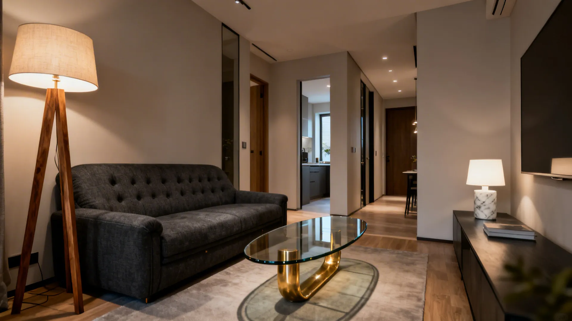 Modern living room with dark grey sofa glass coffee table floor lamp and warm lighting