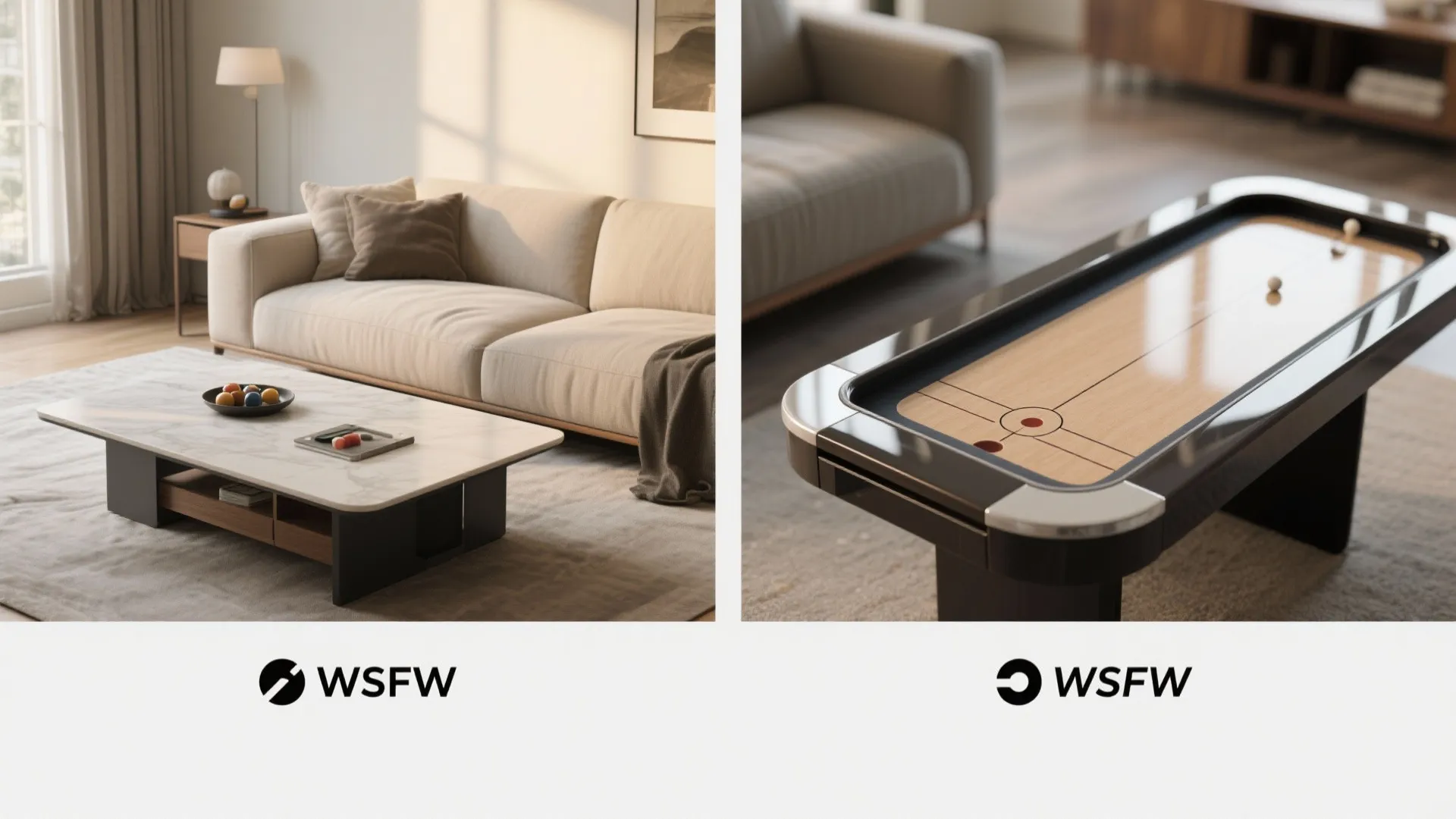 Convertible coffee table shown as a table and as a glossy shuffleboard with recessed rails.