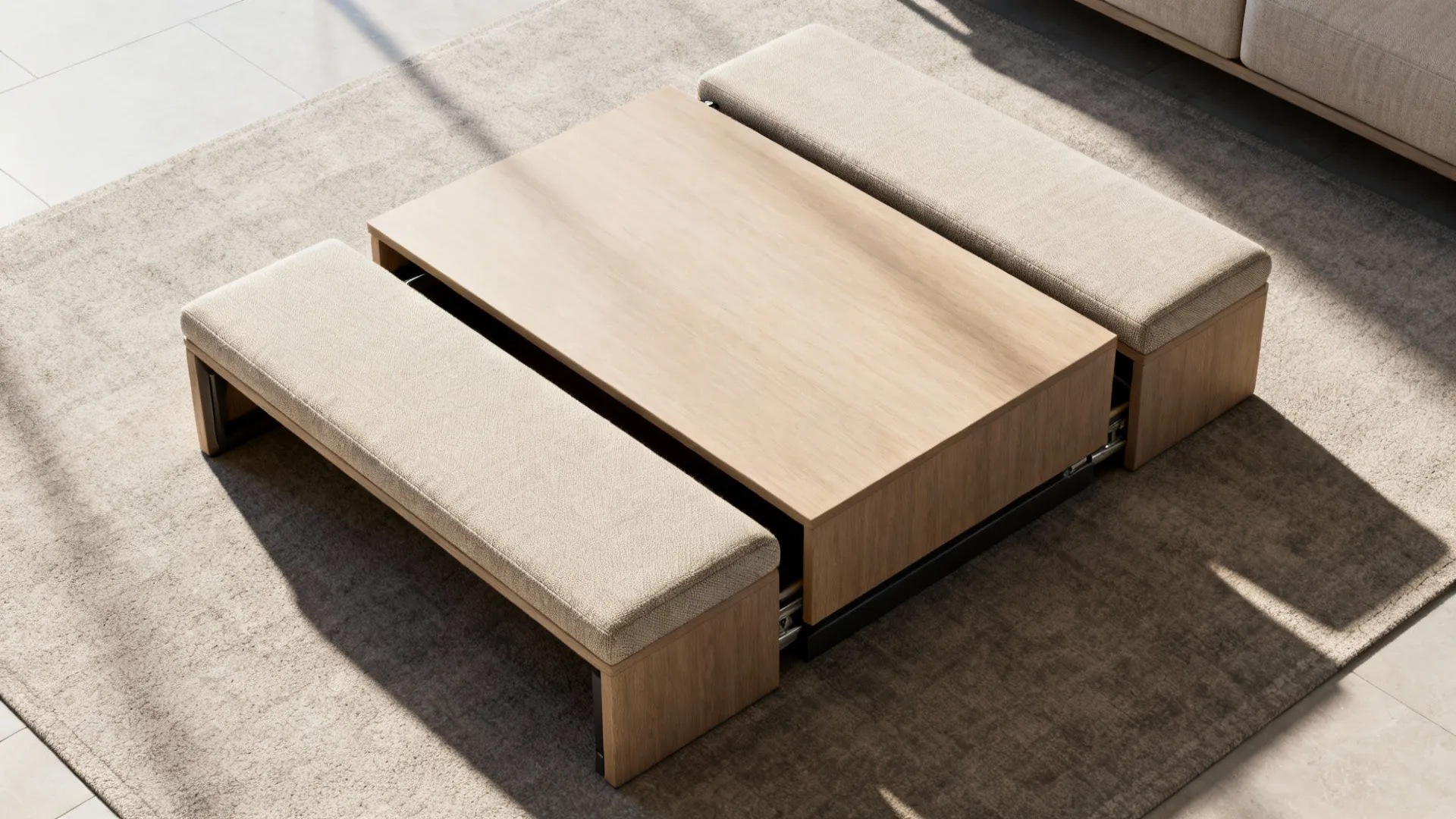 Top-down view of a low coffee table with benches tucked underneath in a small living room
