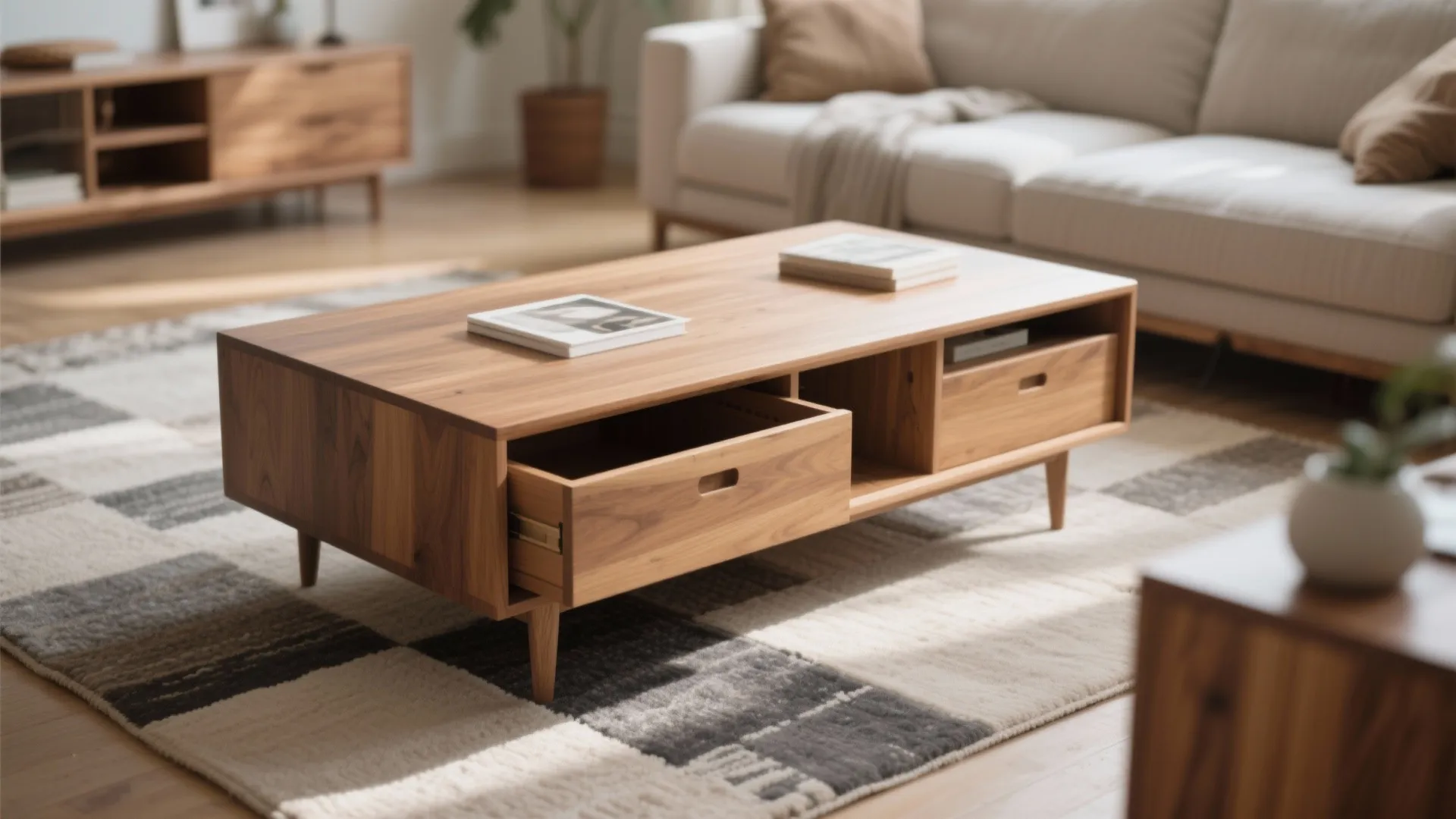 Modern wooden coffee table with open drawer and books on top placed on a rug