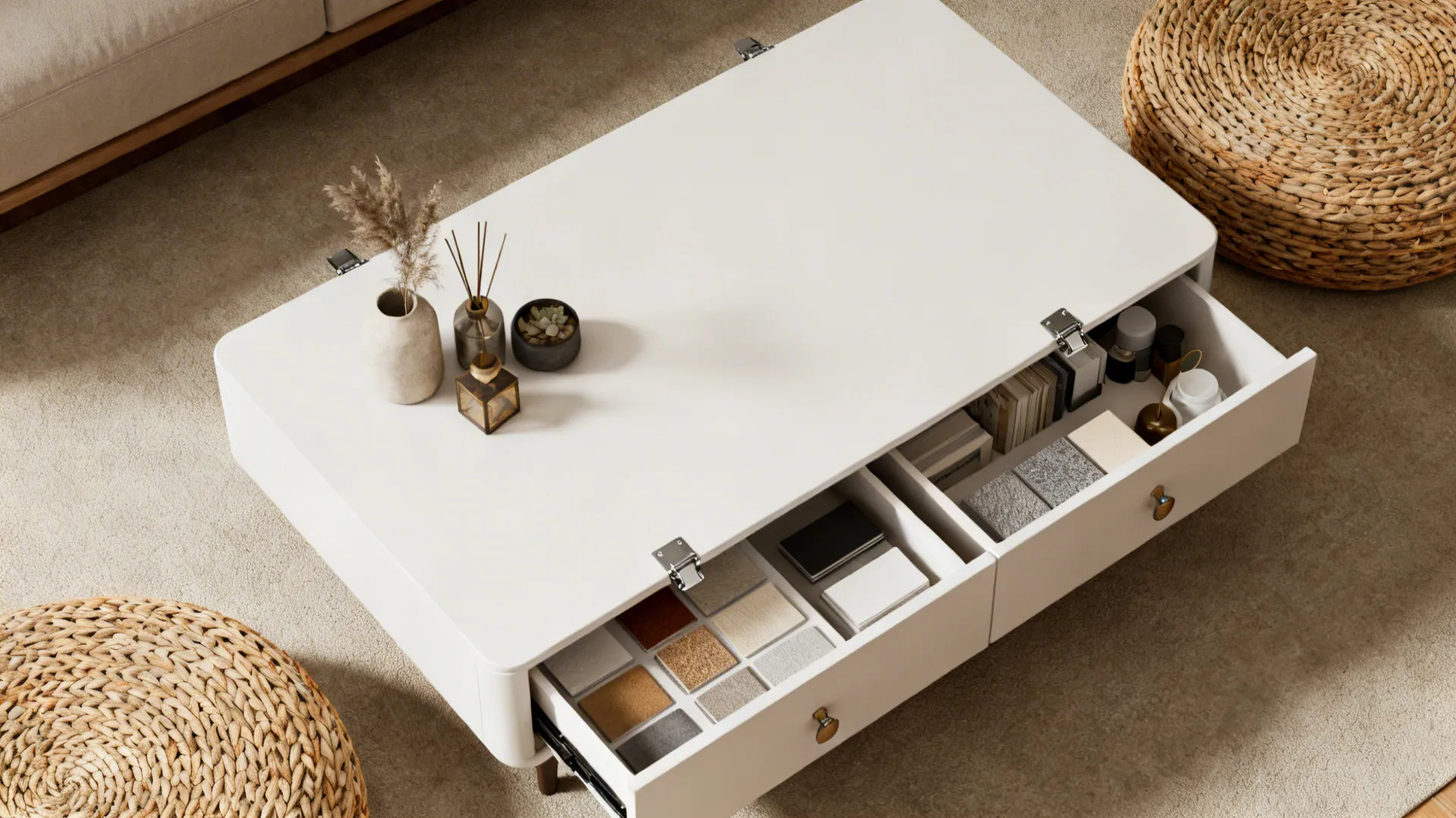 Top view of a white multifunctional coffee table with hidden storage and finish samples