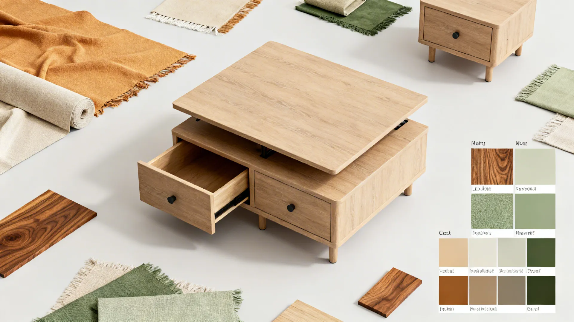 Top-down flatlay of a lift-top coffee table, nesting side tables and material swatches for small living rooms.