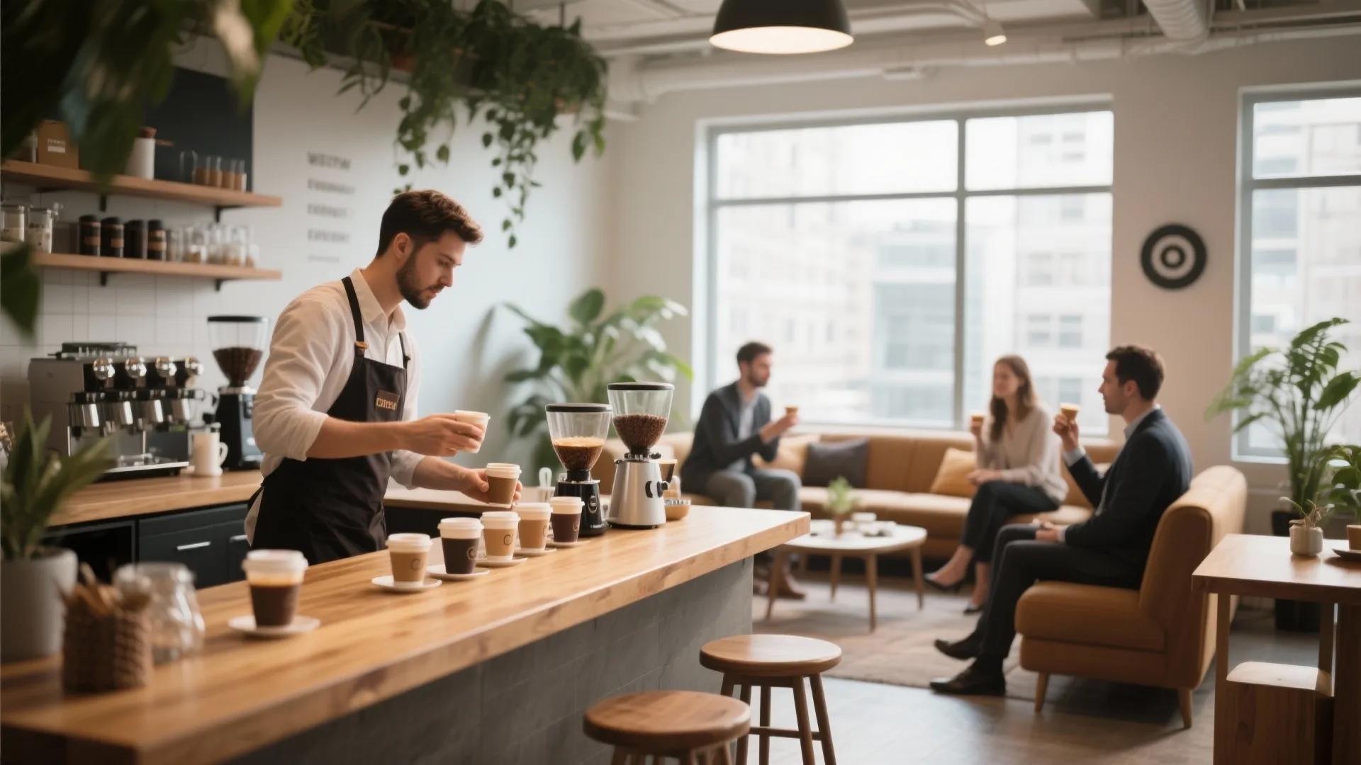 Barista preparing many cups of coffee on a wooden counter for workers in a lounge