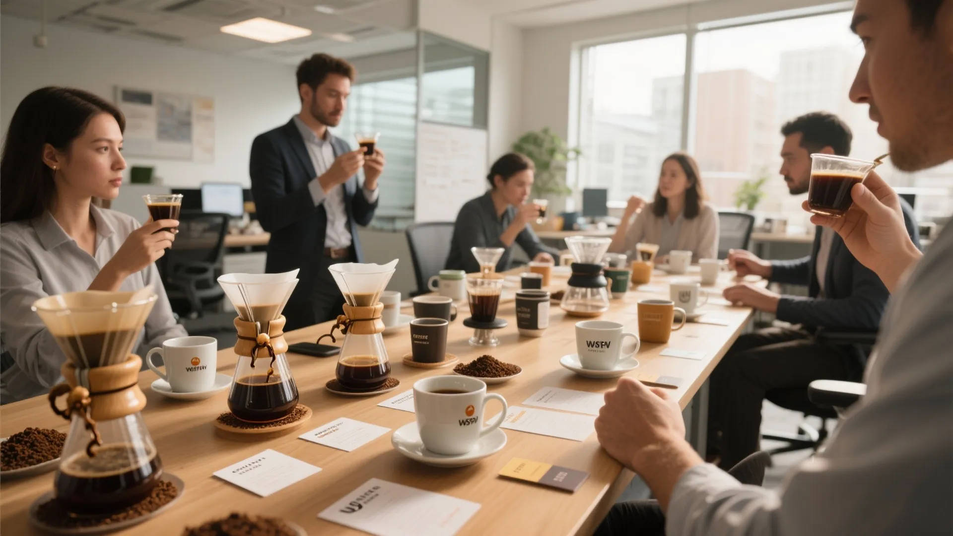 Colleagues sitting around a wooden office table tasting coffee from many white cups and glass pots
