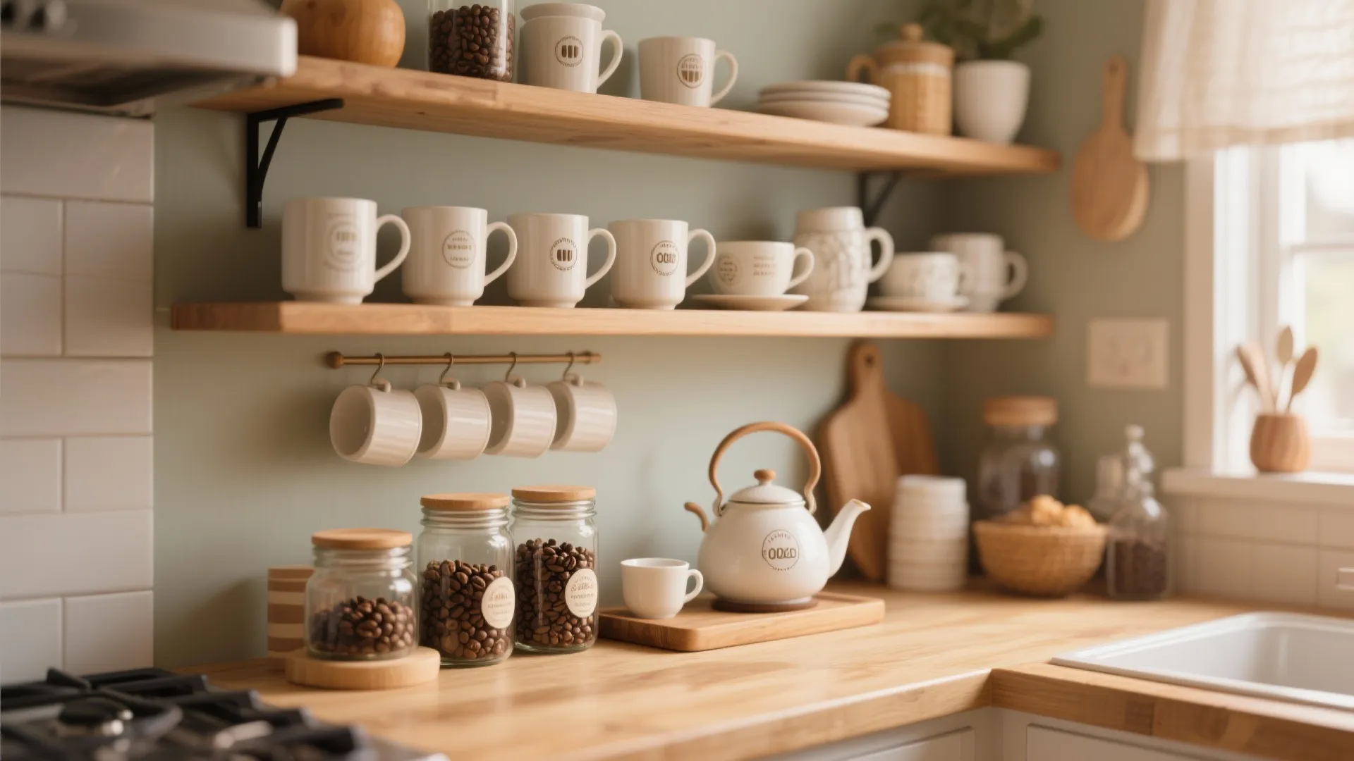 White mugs organized on wooden shelves above kitchen counter with teapot and jars of coffee beans