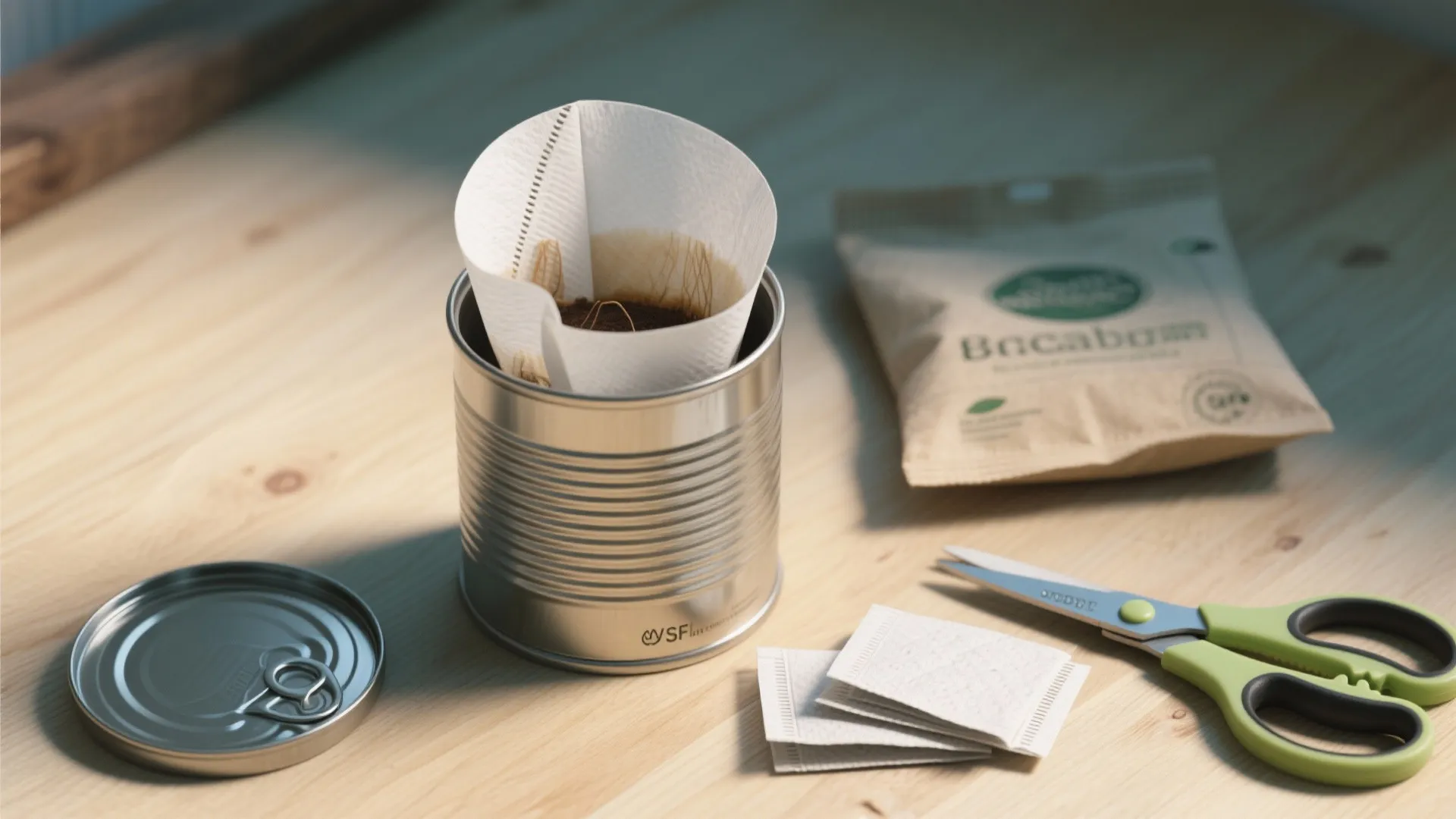 Metal coffee tin with white paper filter on wood table near scissors and small bags