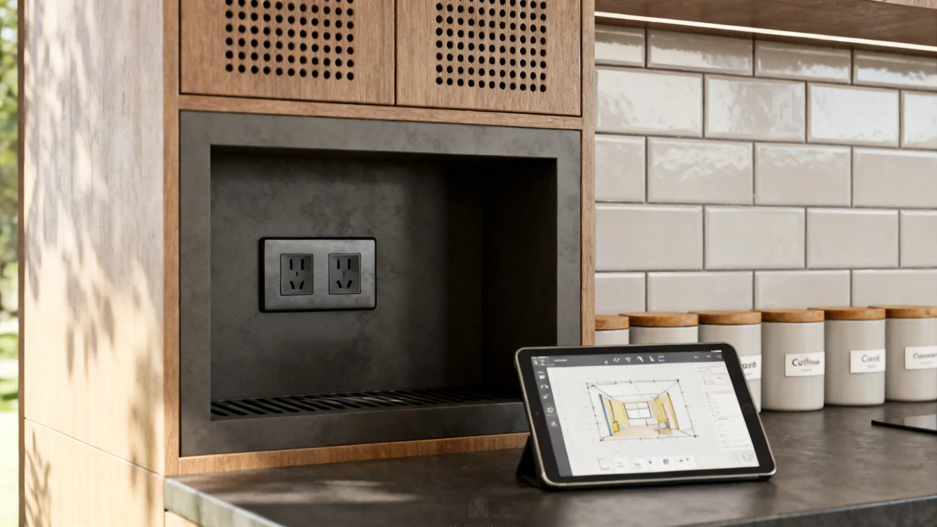 Details for coffee station planning: outlet, vent holes, washable backsplash and a 3D mockup tablet