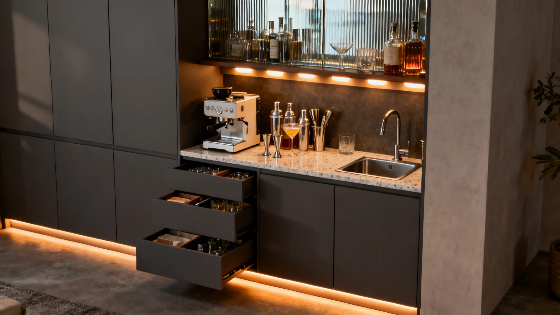 Compact station with a small sink, warm task lighting, and toe-kick LEDs for coffee and cocktails.