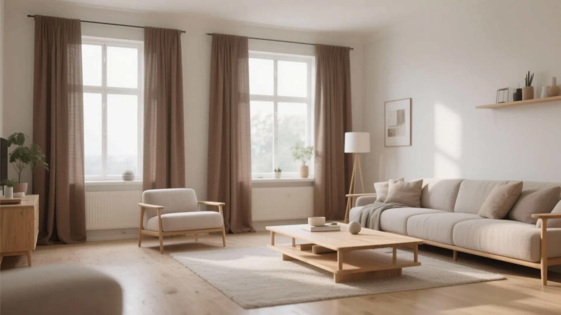 Bright living room with coffee colored curtains beige sofa wooden coffee table and white walls
