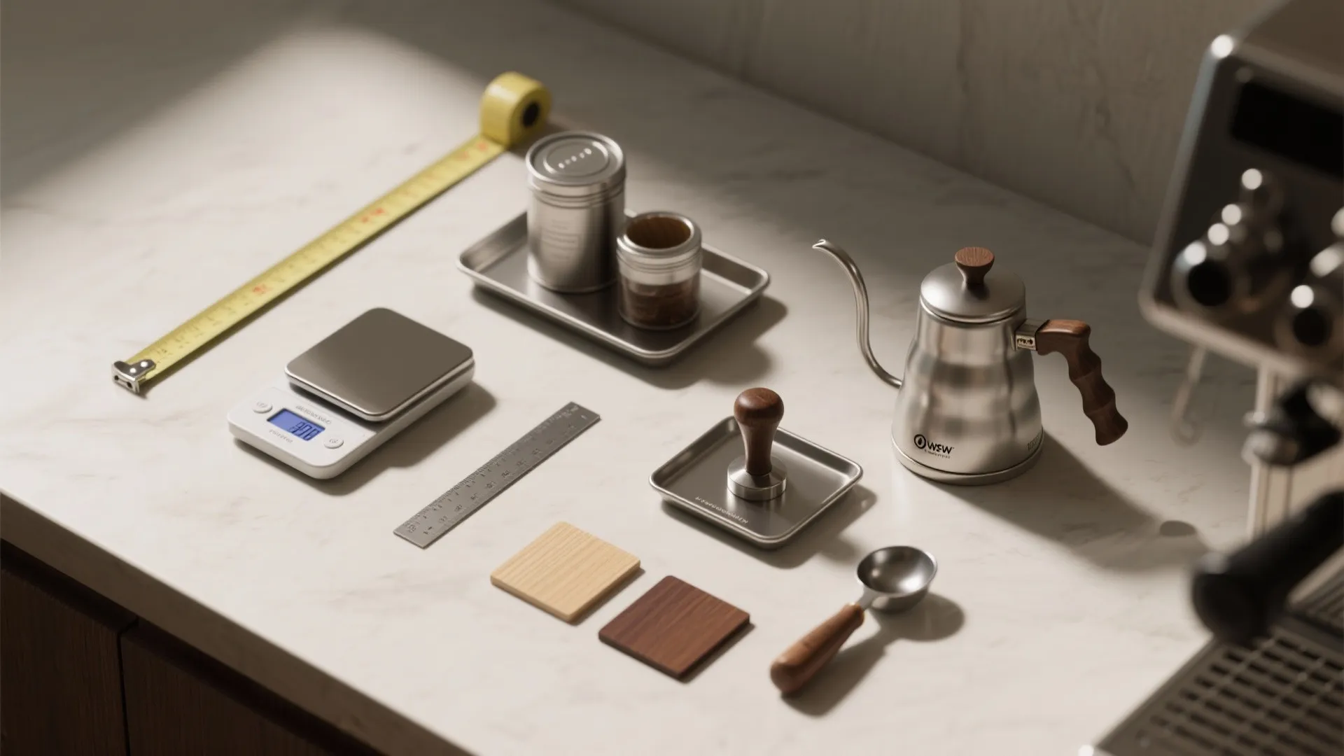 Kitchen counter with coffee making tools digital scale kettle measuring tape and wooden sample pieces