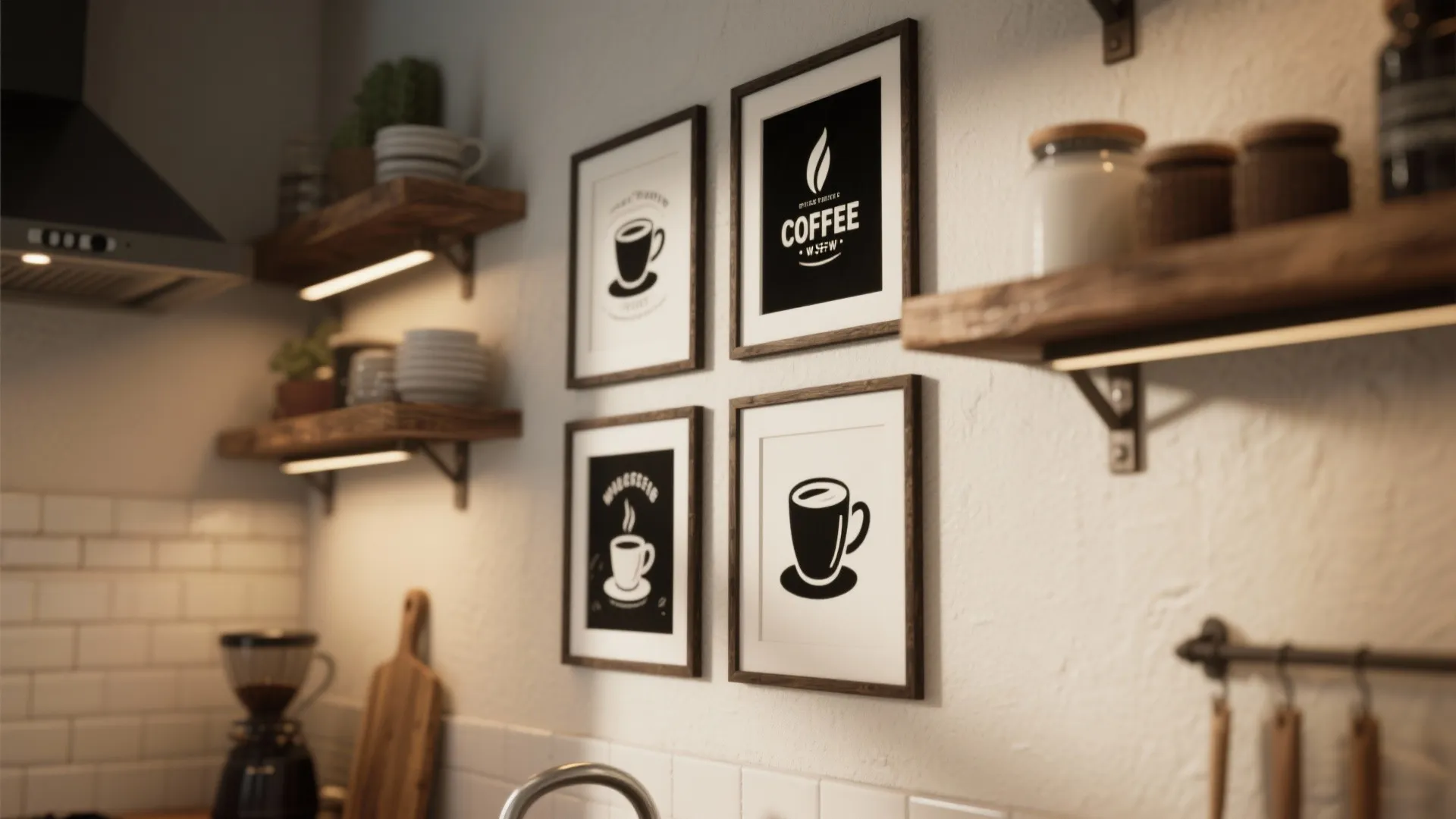 Coffee-themed framed wall art above rustic shelves