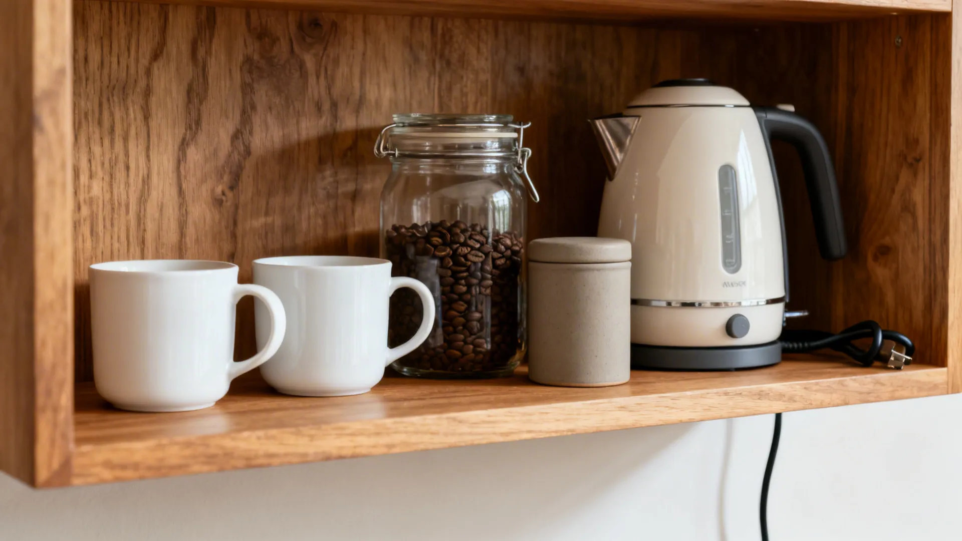 Wooden shelf holding two white mugs a glass jar of coffee beans and electric water kettle