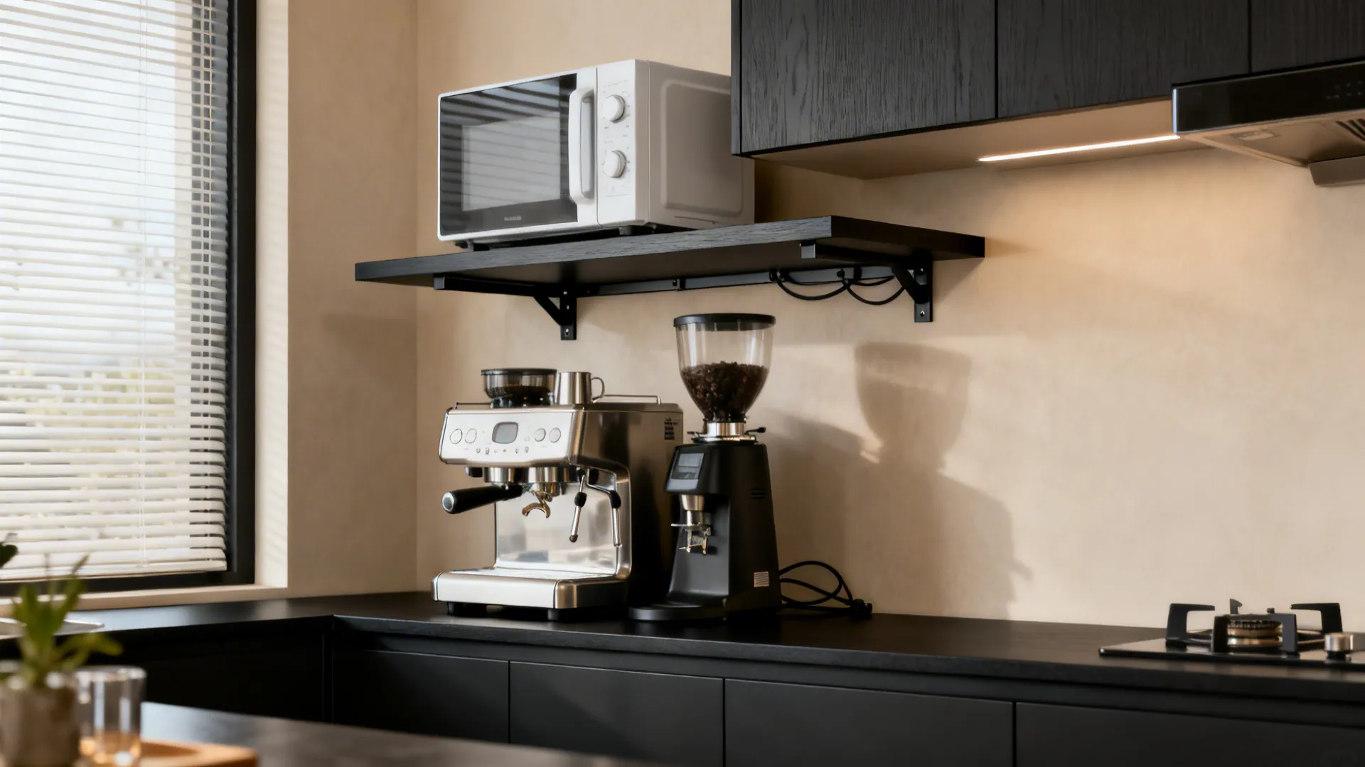 Coffee station with a microwave on a floating shelf above espresso gear and clear landing space.