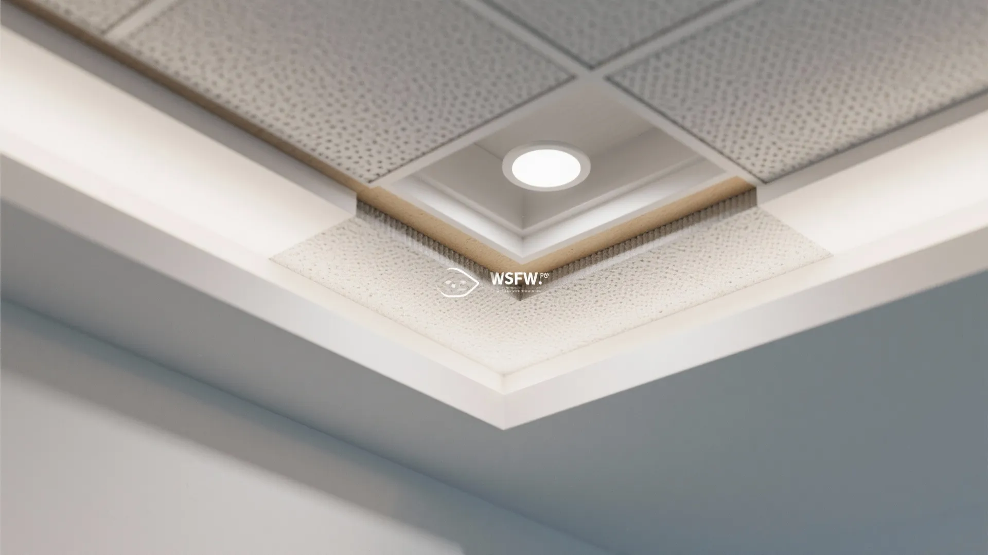 Close up interior design drawing showing layered ceiling structure with white light fixture and panels