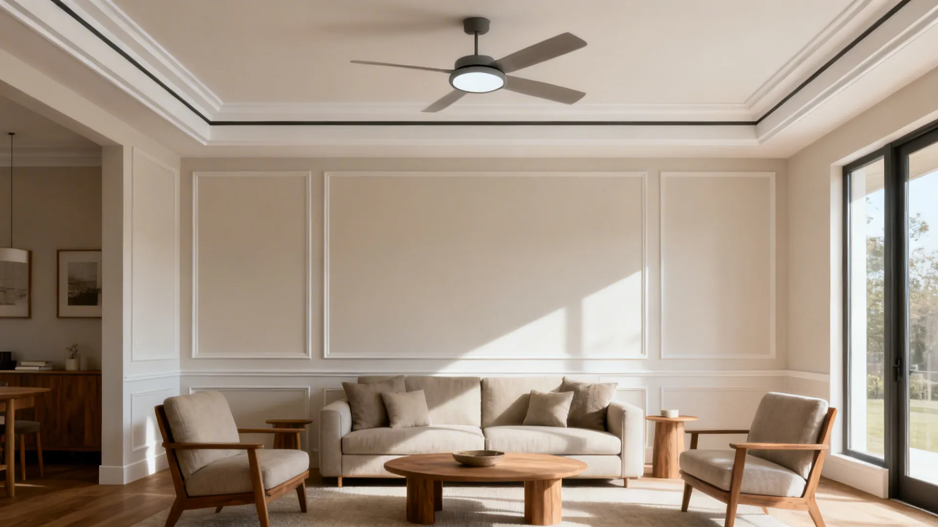 Compact living room with slim coffered bands and a central fan medallion in a neutral palette.