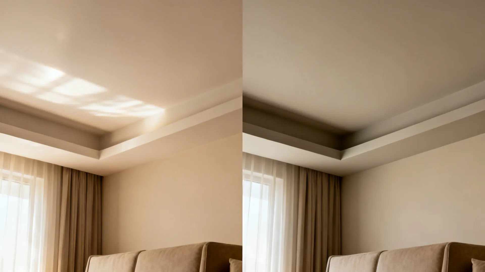 Before-after of a small living room ceiling showing glare reduced by a shallow matte coffer design.