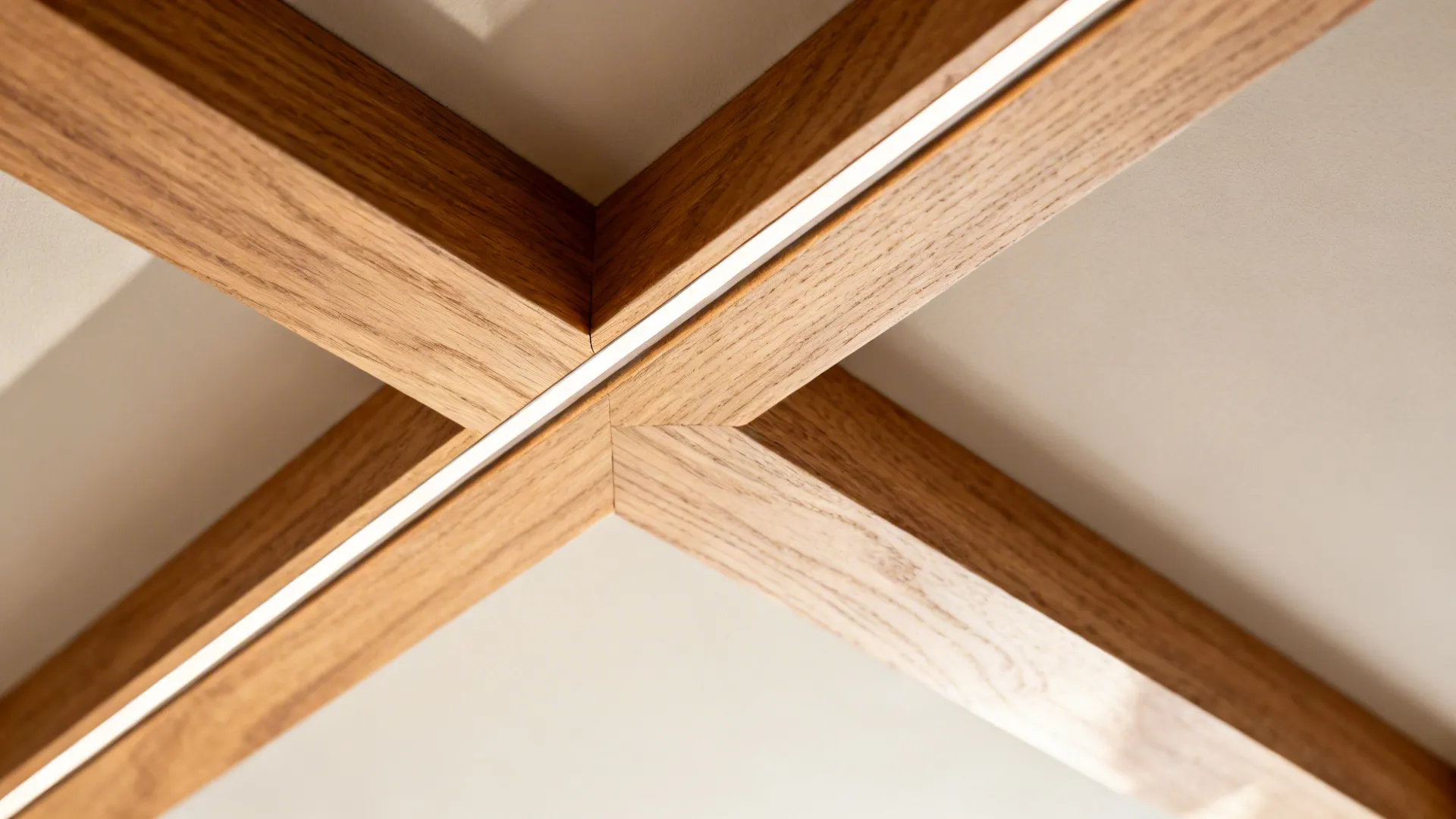 Macro of oak coffer beam with integrated LED channel and refined joinery.