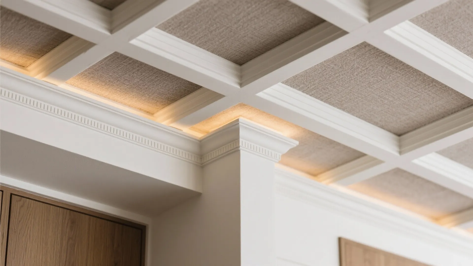 Close up view of a white coffered ceiling with textured fabric panels and hidden lighting