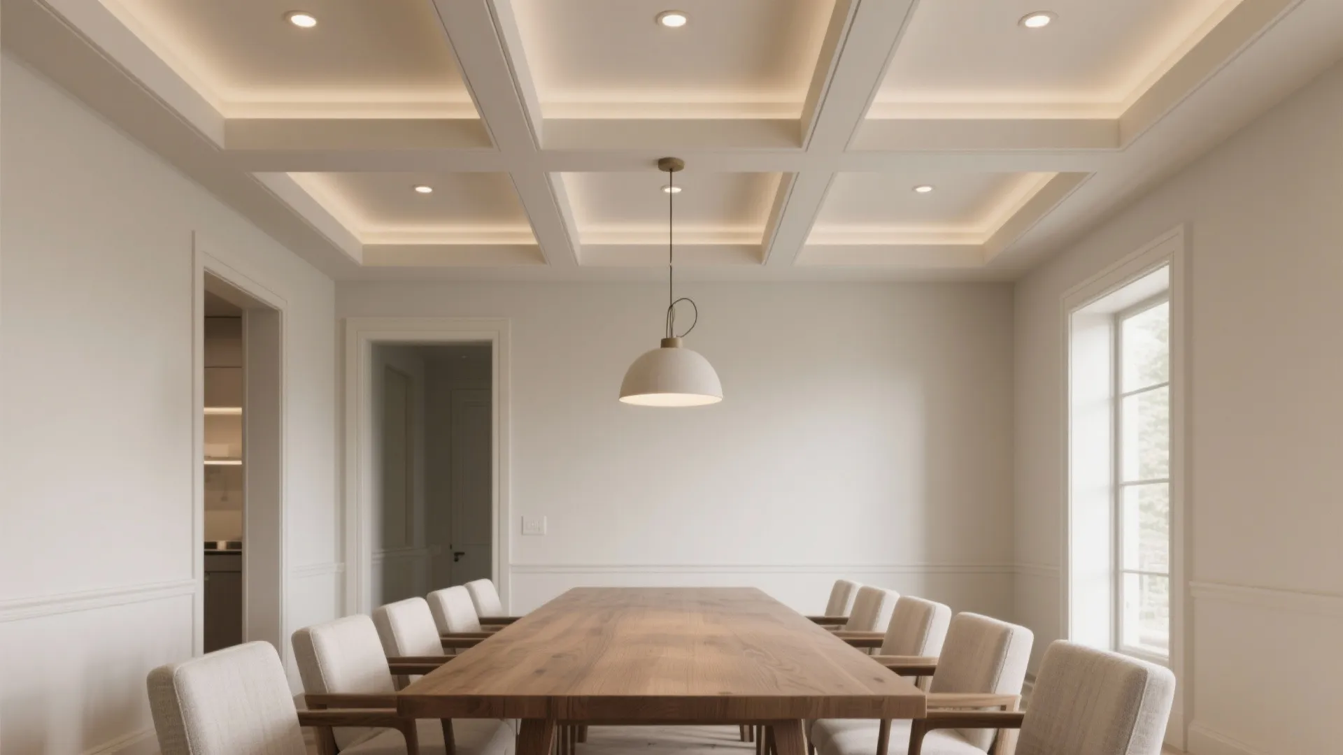 Spacious dining room with long wooden table white chairs and a grid ceiling light design