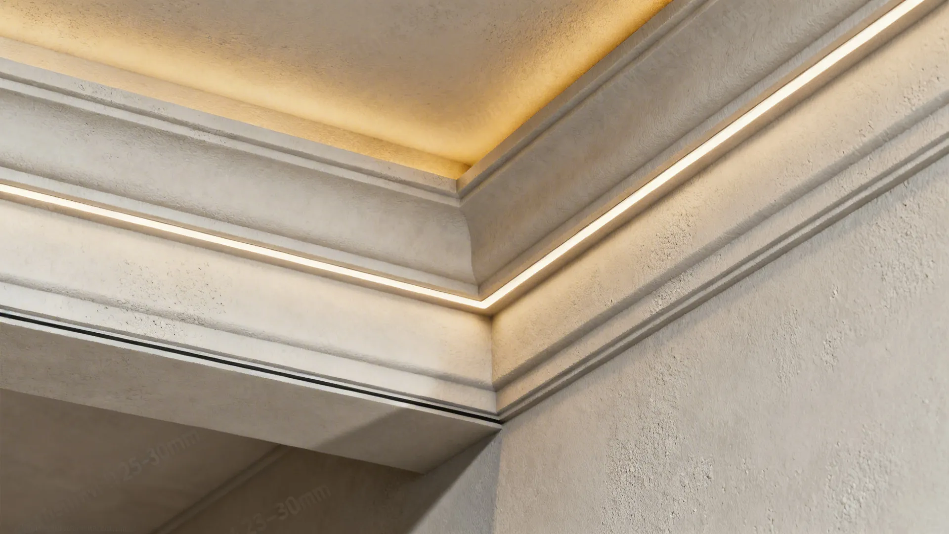 Macro of shallow plaster coffer edge with soft dimmable LED wash.