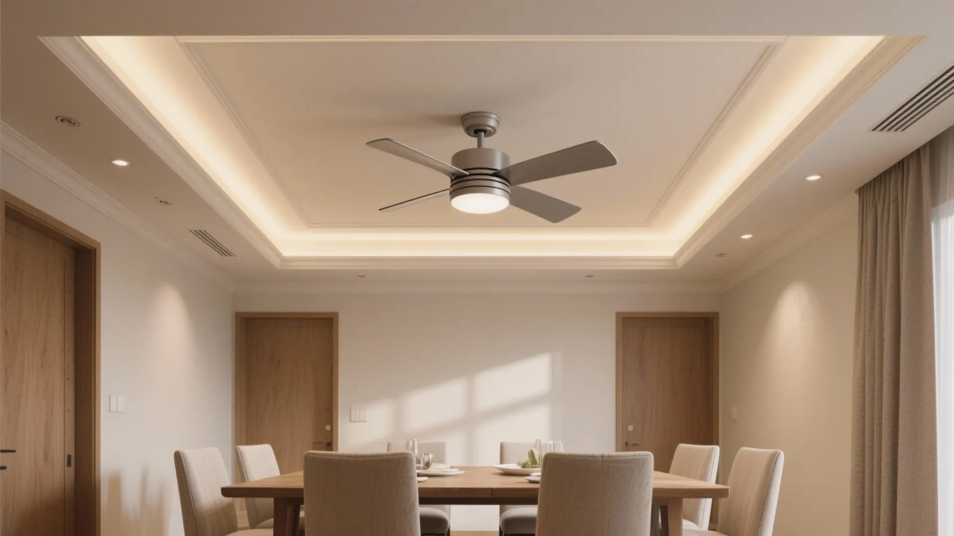 Modern dining room featuring a square tray ceiling with hidden lighting and a central fan