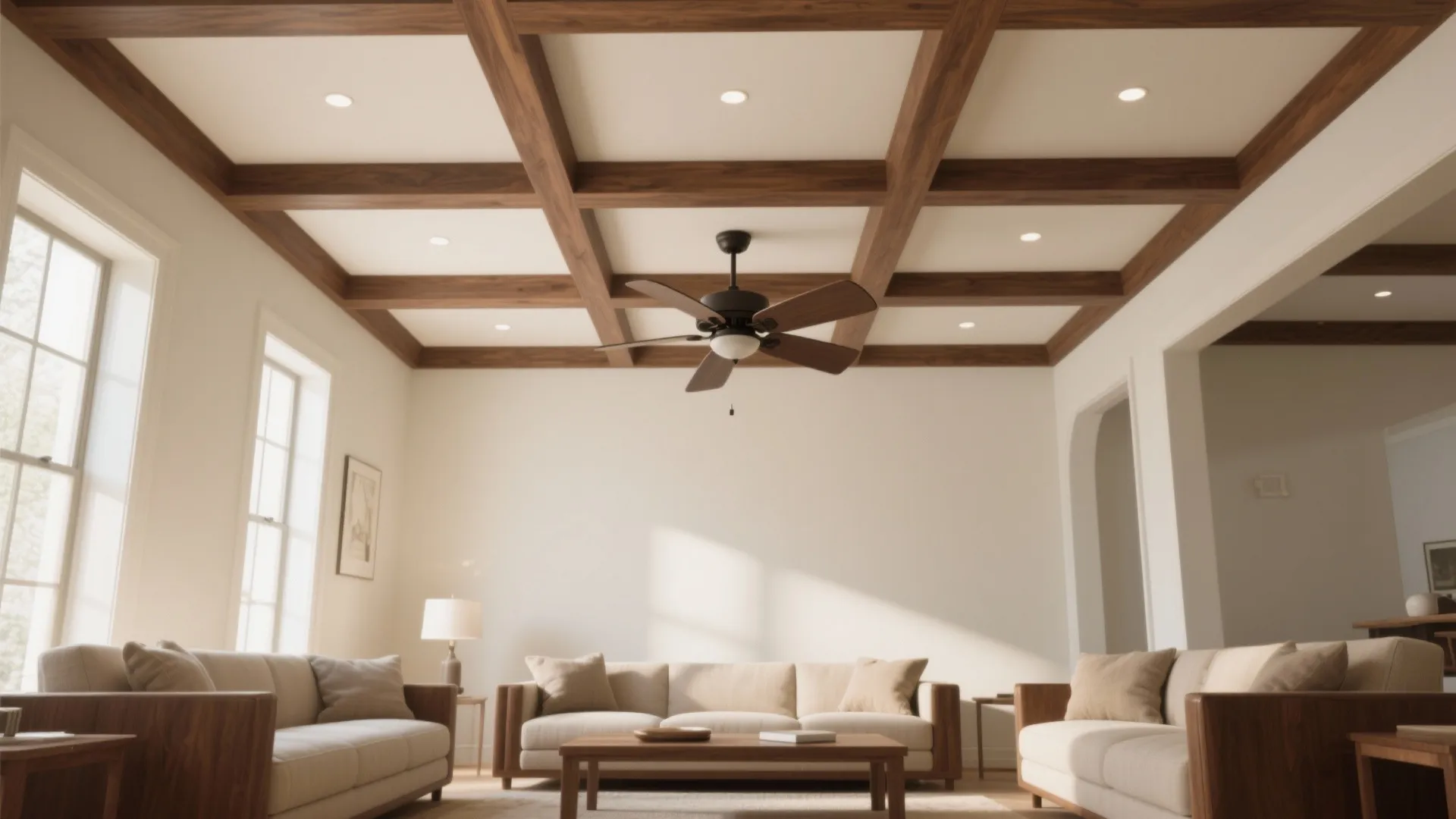 Spacious living area with wood grid ceiling design ceiling fan beige sofas and natural light