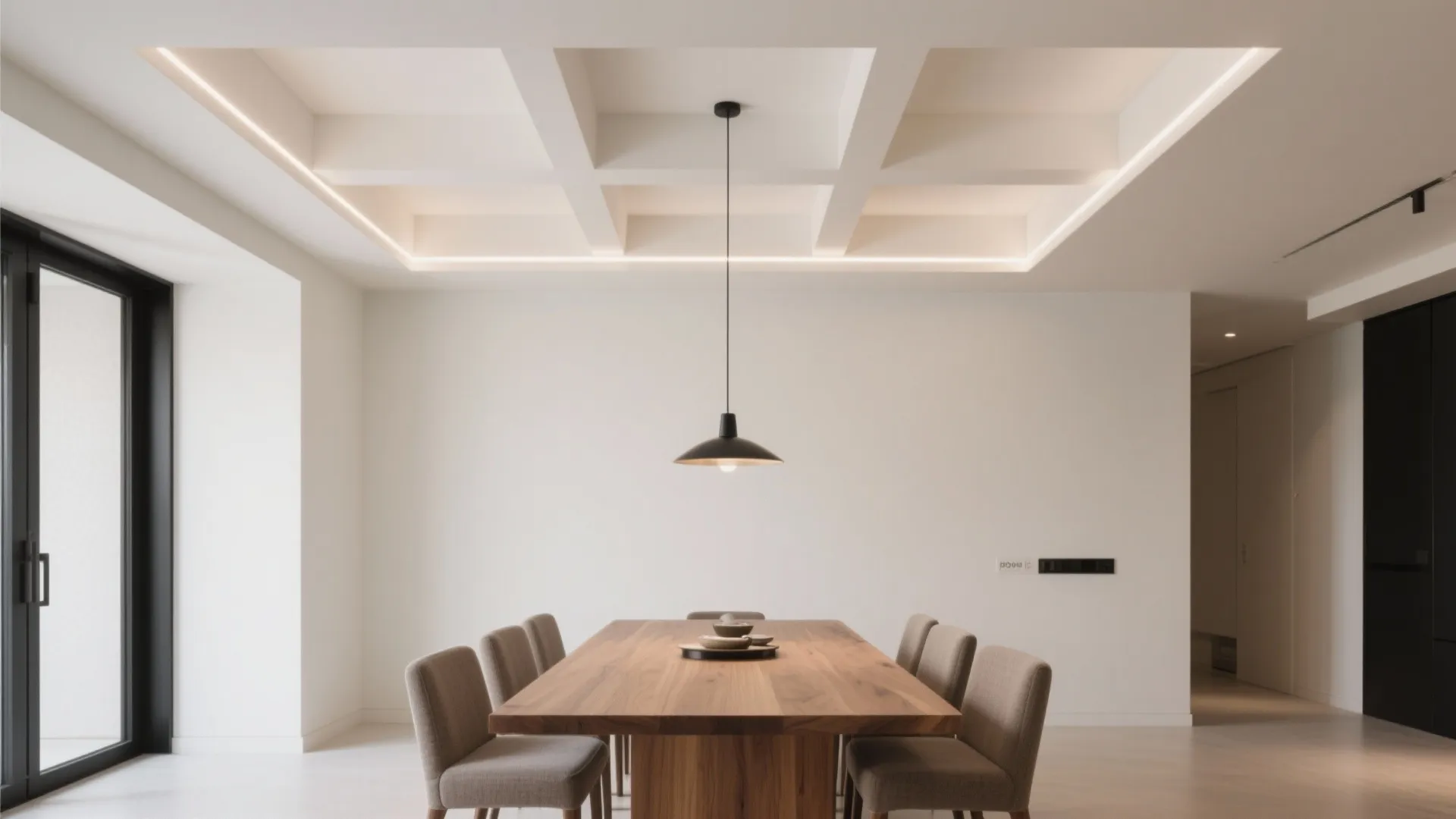 Shallow geometric POP coffer grid frames a rectangular dining table with a centered pendant and subtle perimeter LEDs.