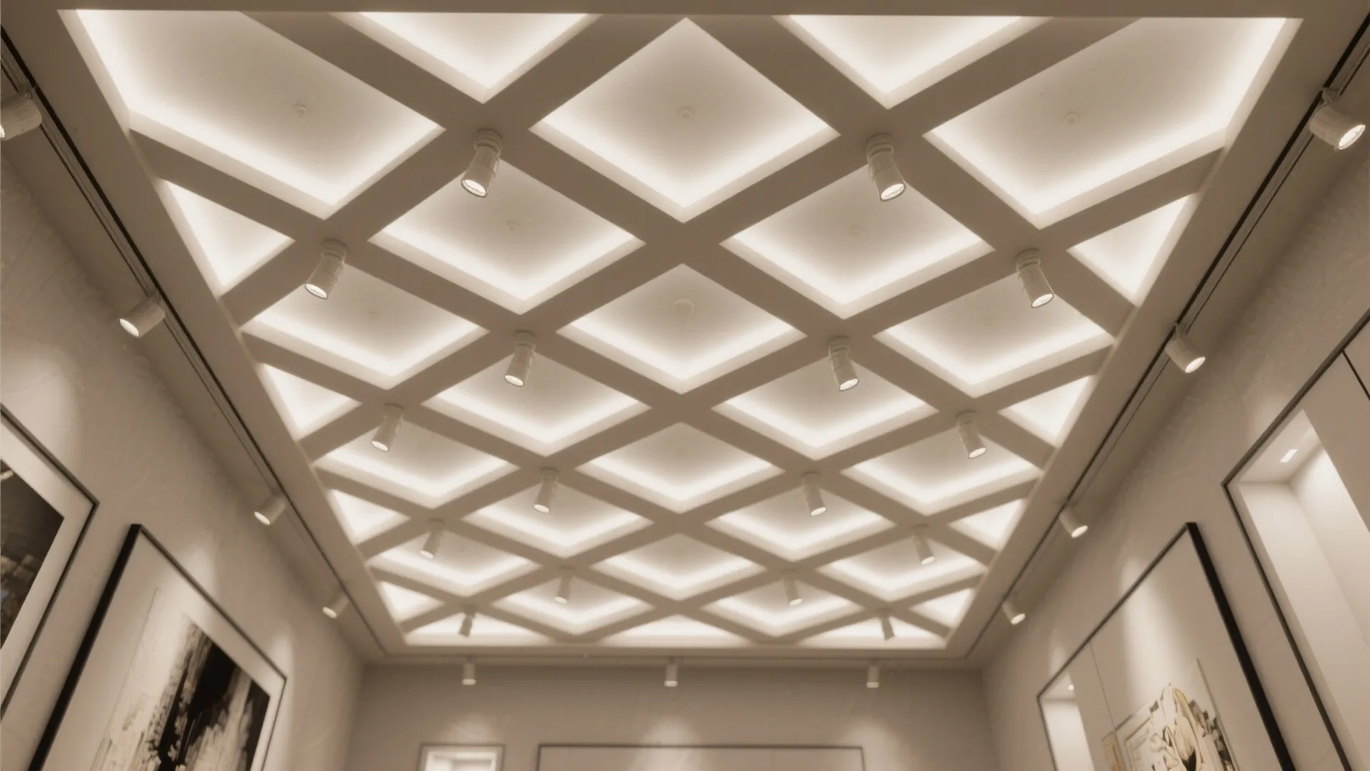 Top view plan of a shallow geometric coffered ceiling with spot placements aligned to art.