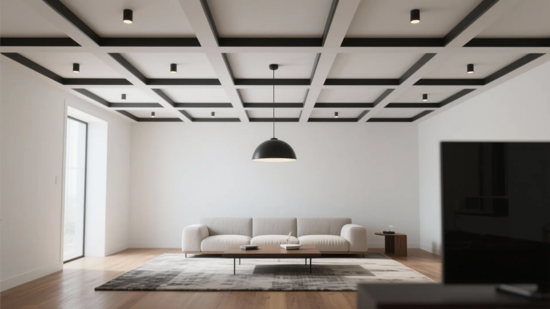 Modern coffered ceiling with shallow beams