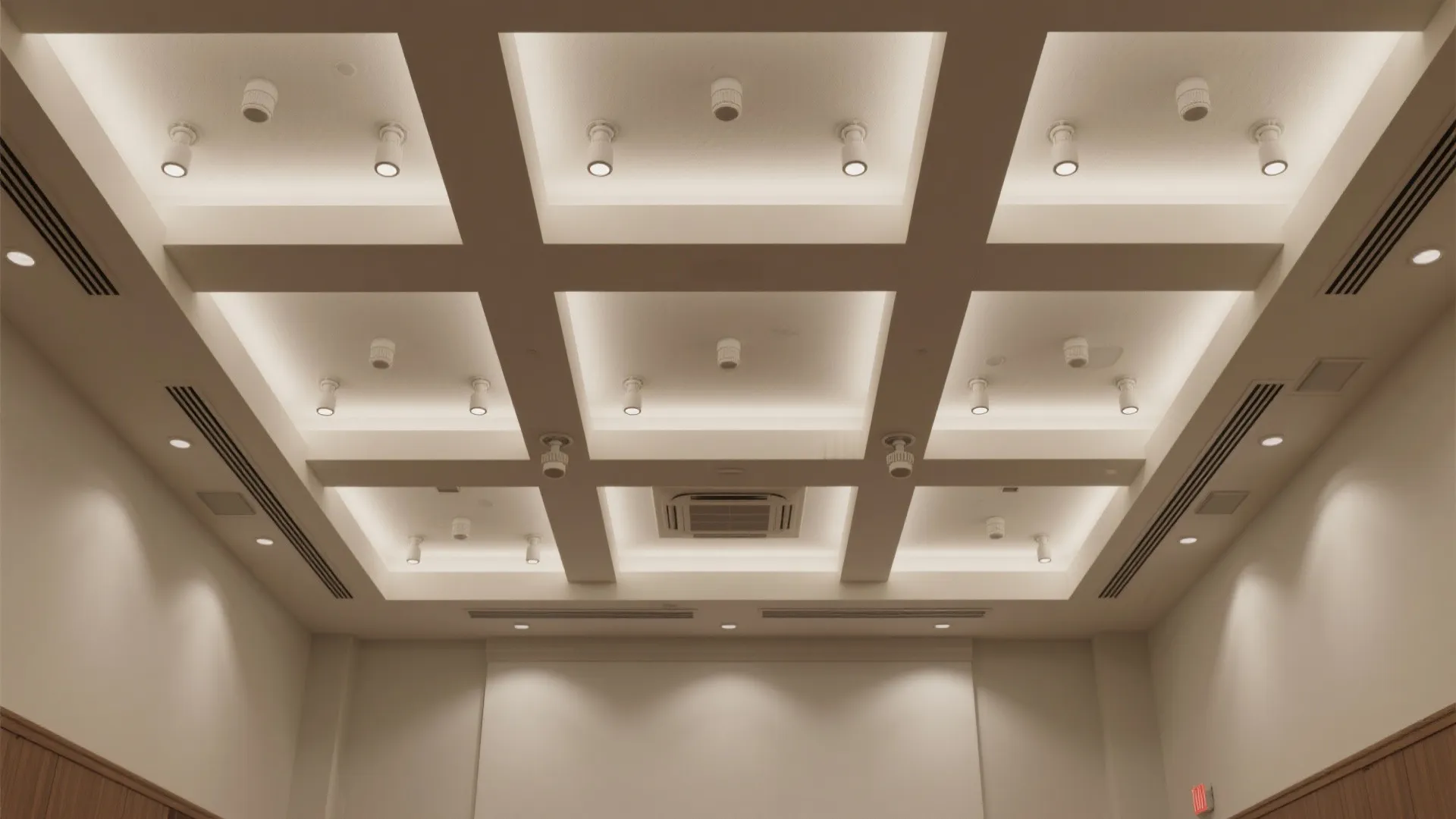 Top-down coffered ceiling grid with integrated lighting, sprinklers, and HVAC slots.