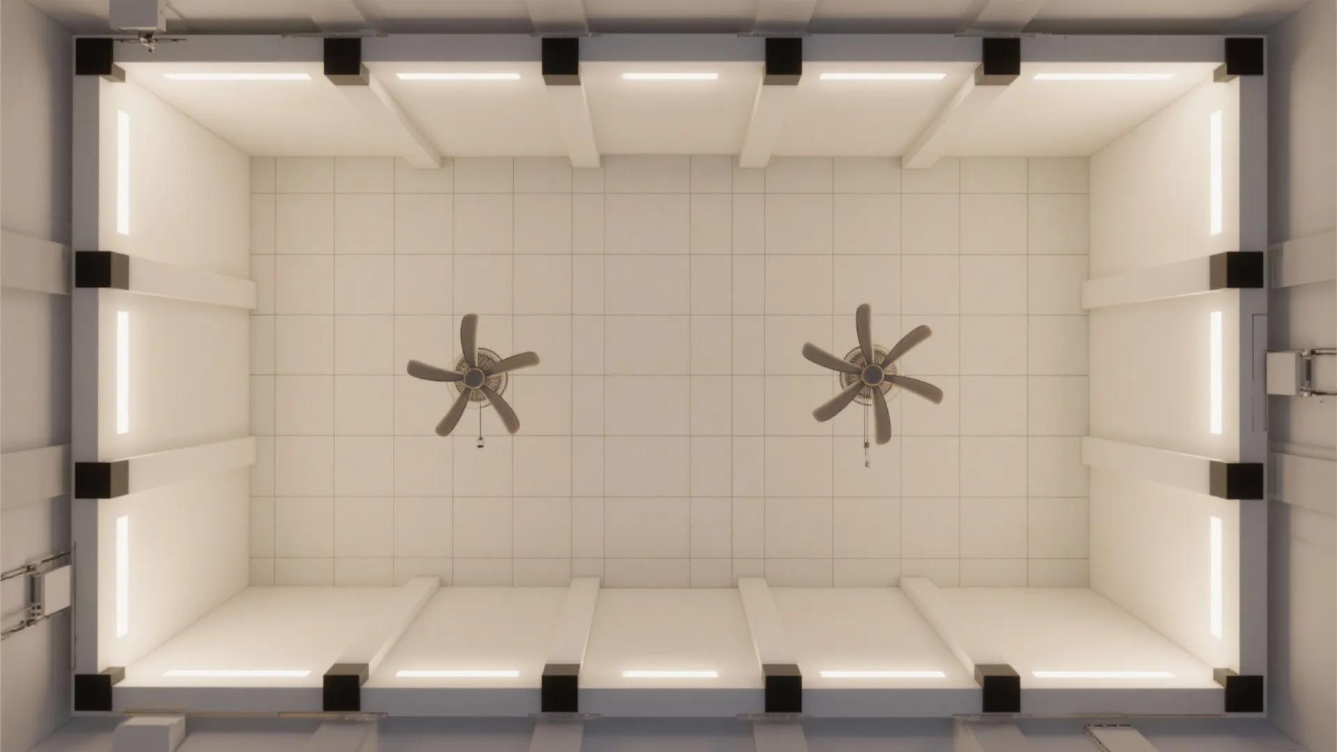 Top-down view of a shallow coffer grid with two dedicated fan bays in a hall layout.