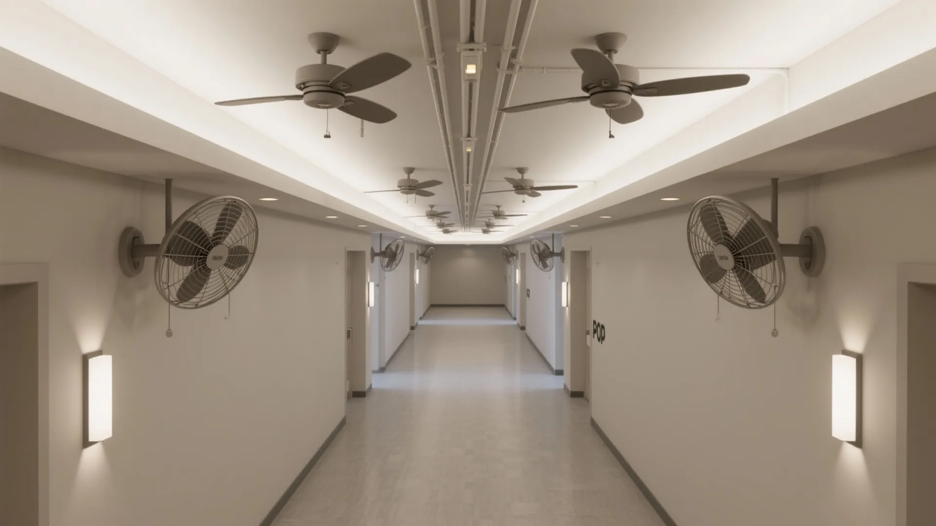 Long white hallway featuring many ceiling fans and wall fans with several bright wall light sets
