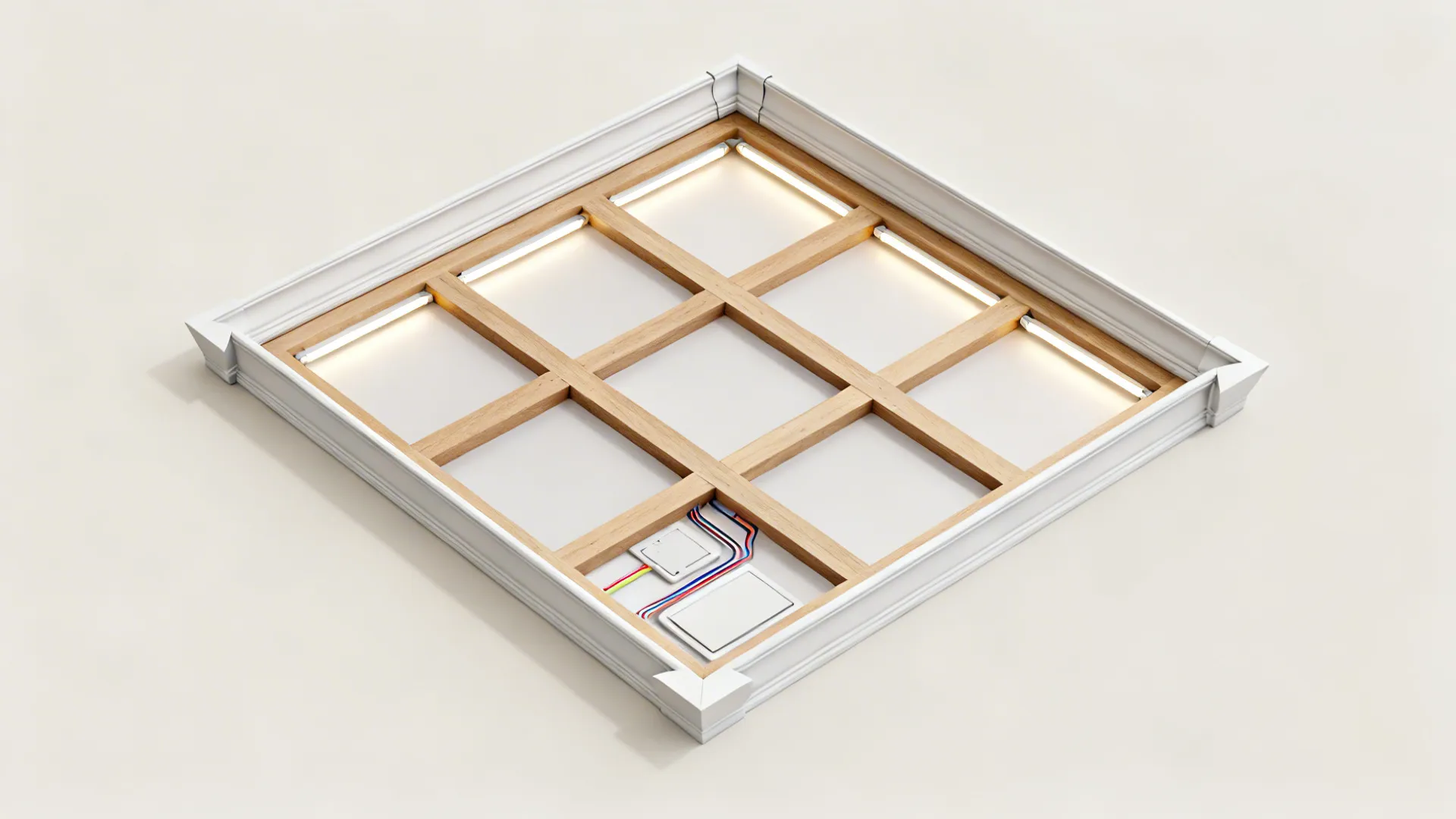 Top-down view showing batten grid, PVC frames, and hidden LED layout for a coffered ceiling.