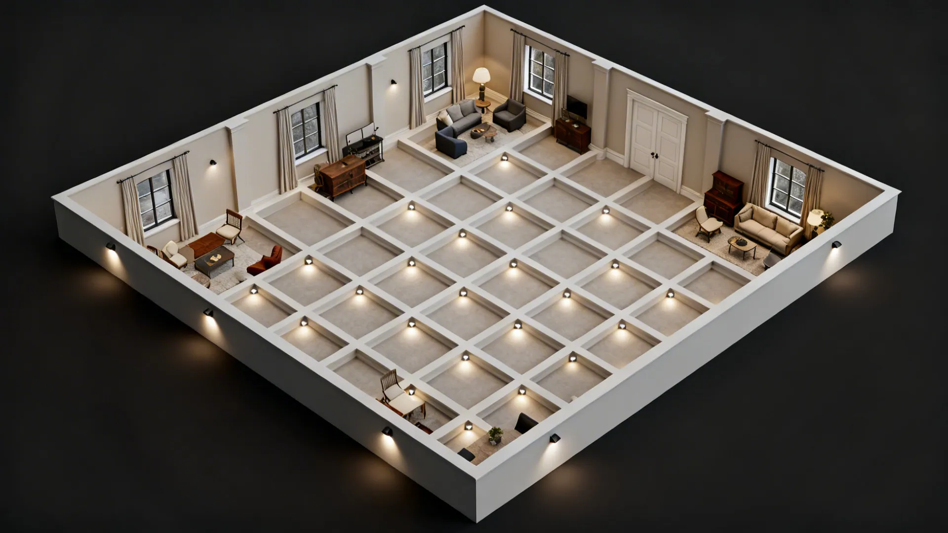 Top-down layout showing shallow coffer grid aligned with room zones.
