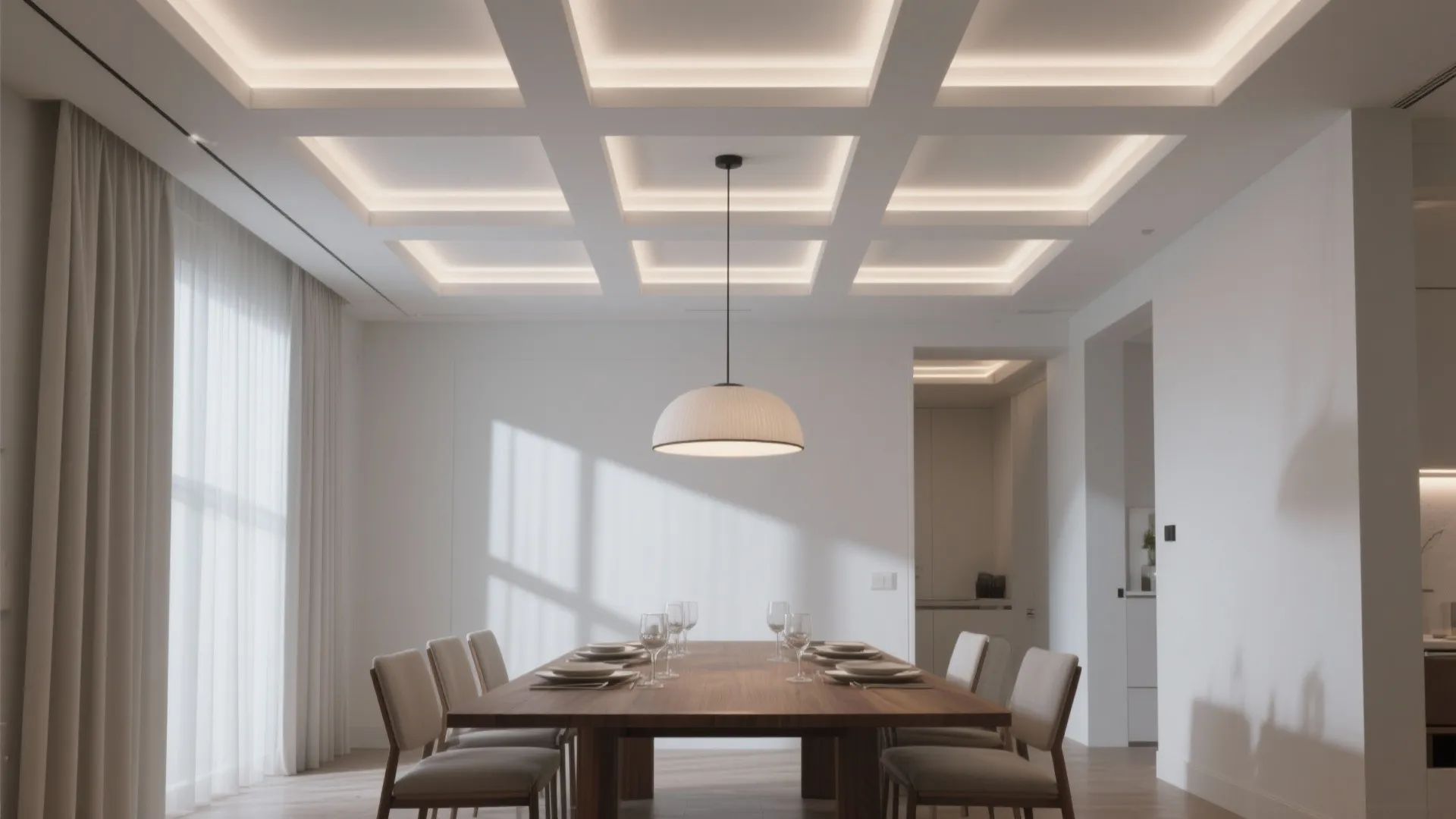 Linear coffered ceiling with hidden LEDs