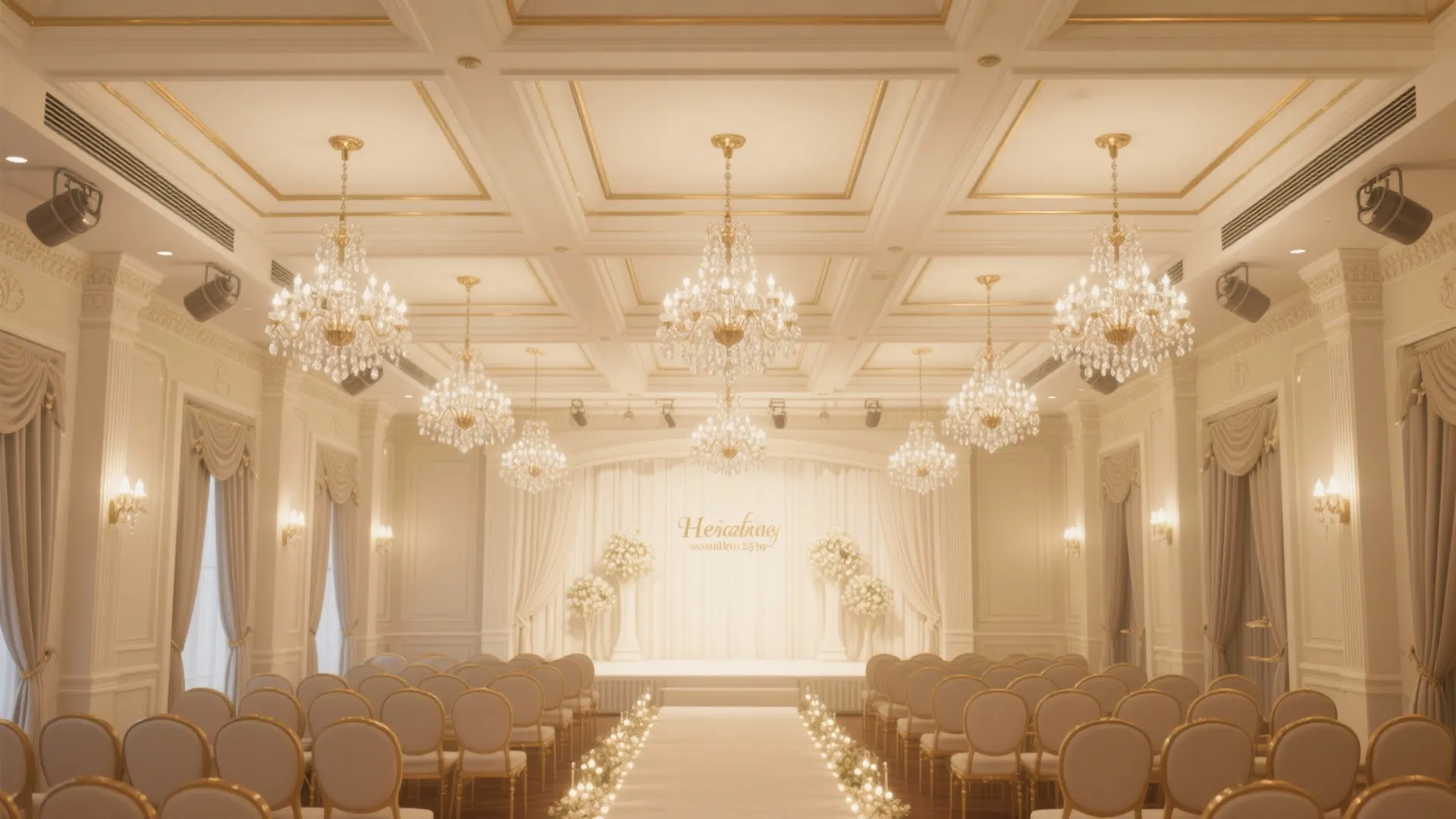 Heritage-inspired coffered ceiling with centered chandeliers, integrated sprinklers and ducts, warm 3000K ambience.