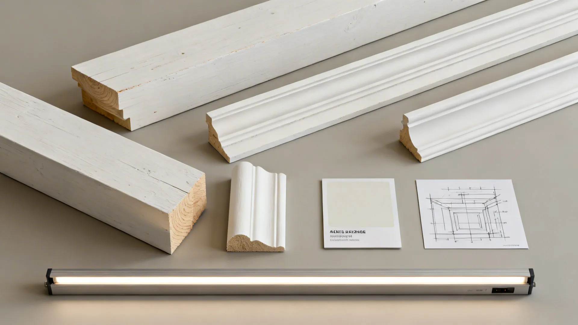 Flat lay of white beam samples, trim profiles, matte paint swatch, and a slim linear LED.