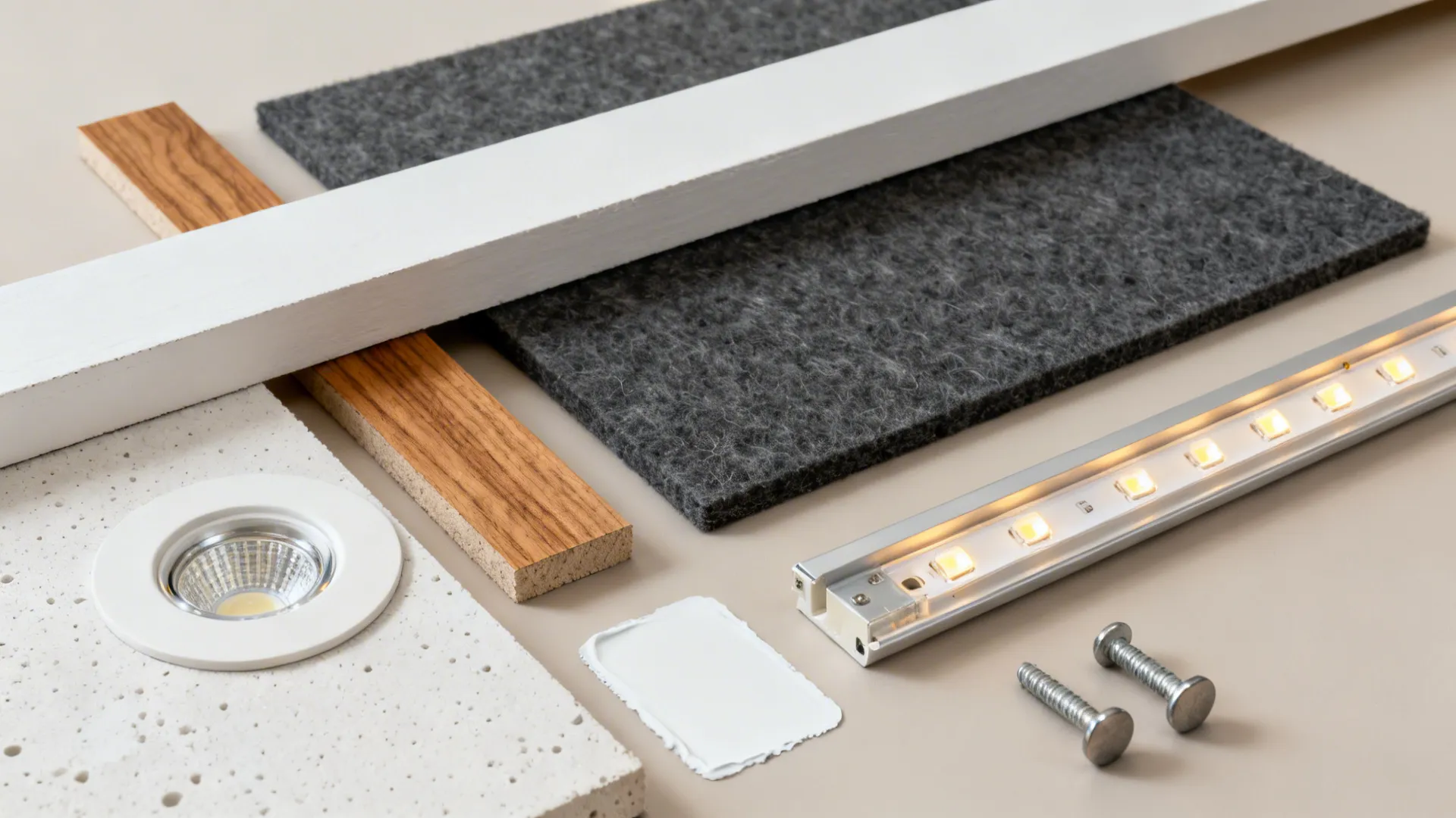 Flat lay with MDF beam, oak veneer, acoustic felt, gypsum, and LED components for a shallow coffered ceiling.