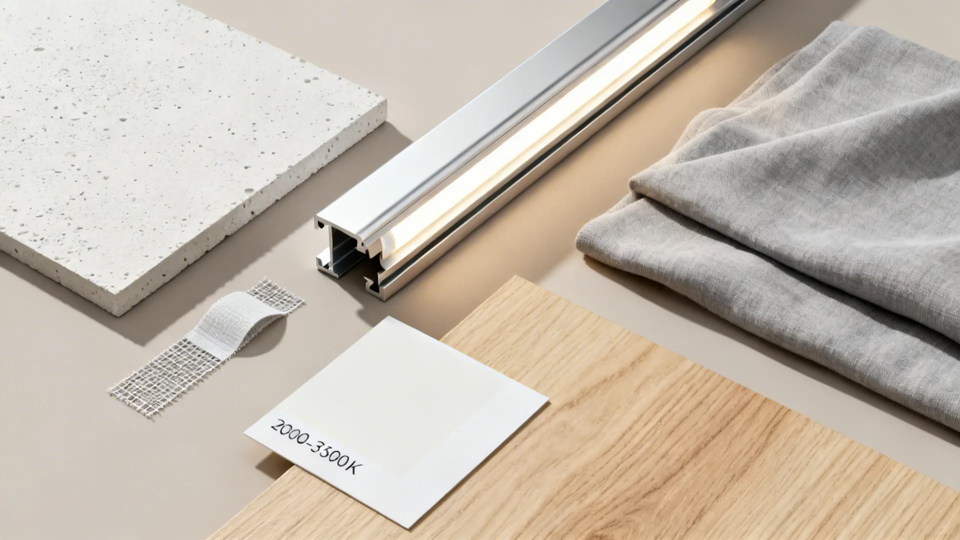 Flat lay of gypsum, mesh tape, aluminum channel, linear LED, and warm neutral finishes.