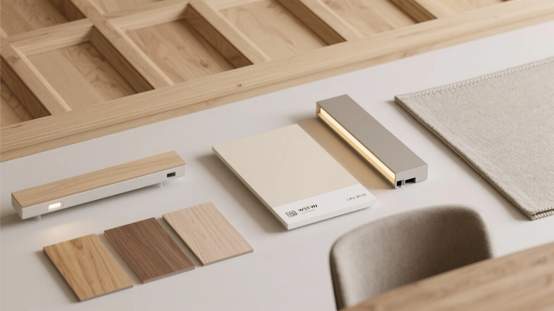 Interior design materials on white table including wood samples small light fixture and fabric swatches