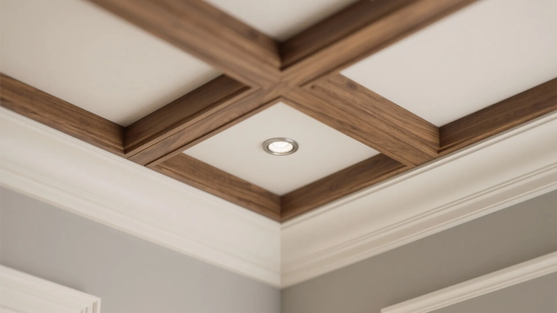 Macro of oak coffered ceiling corner with tight miters and trimless pin-spot.