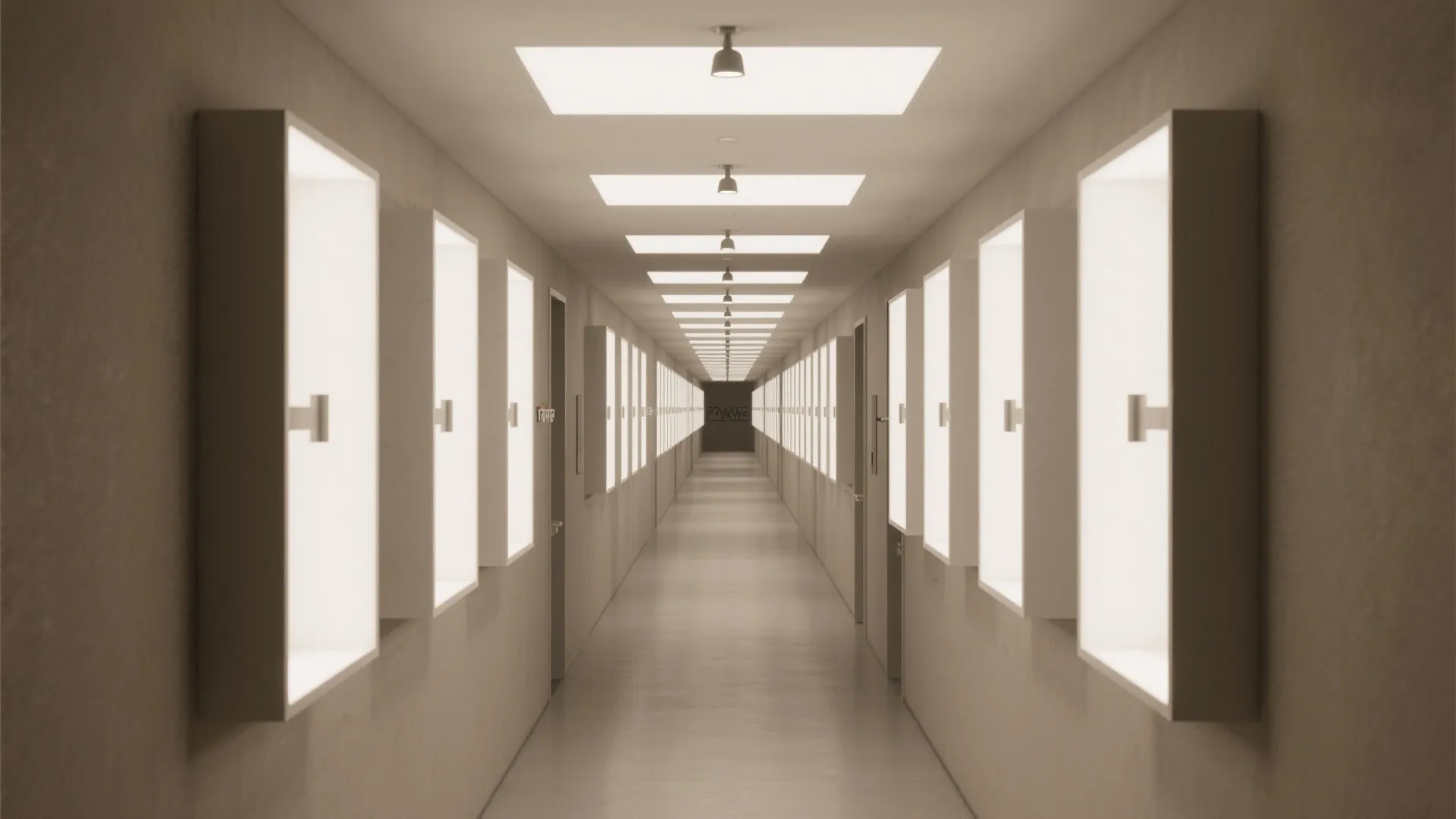Long hallway interior design drawing with rows of square wall lights and white ceiling lights