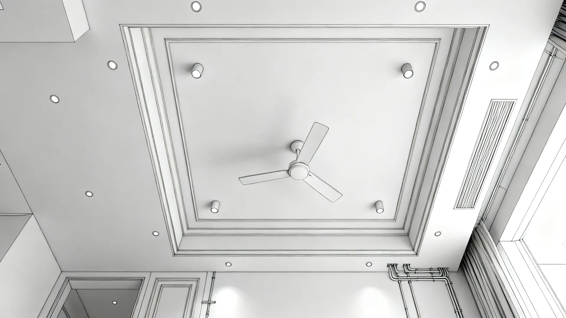 Top-down ceiling plan-style render showing a shallow coffer with a 2x2 downlight grid and fan.